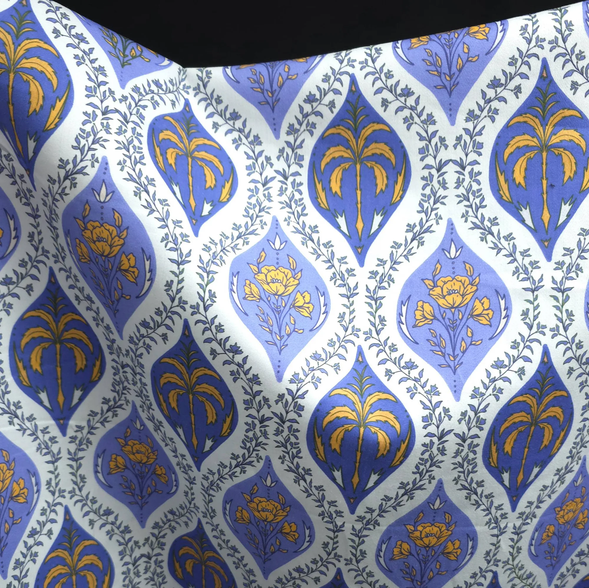 Cotton Shirting | Palm & Floral Tile Print | Blue & Mustard