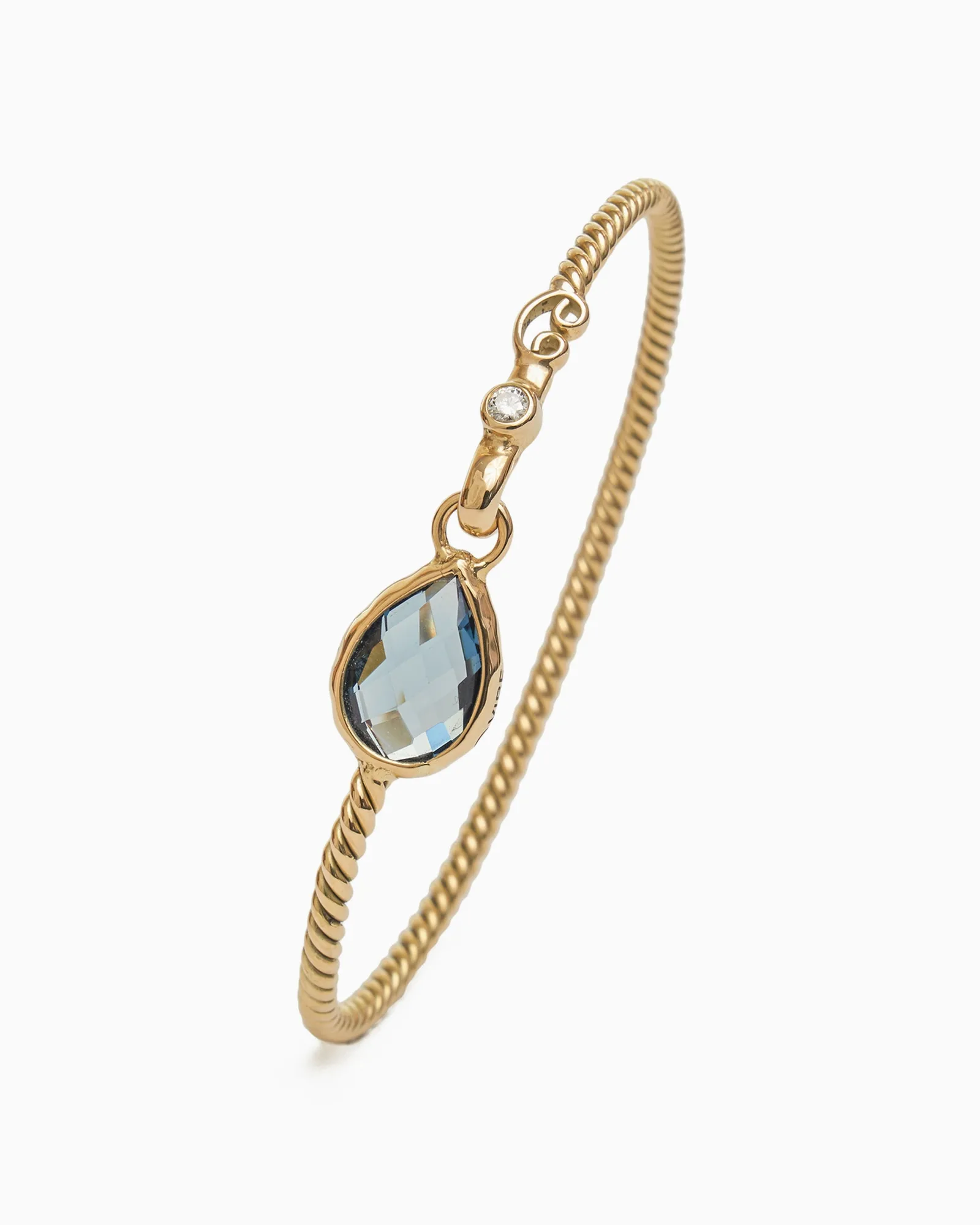 Pulsera Hook Twisted de oro de 14 quilates con piedra Dewdrop - Topacio azul de Londres/Diamante