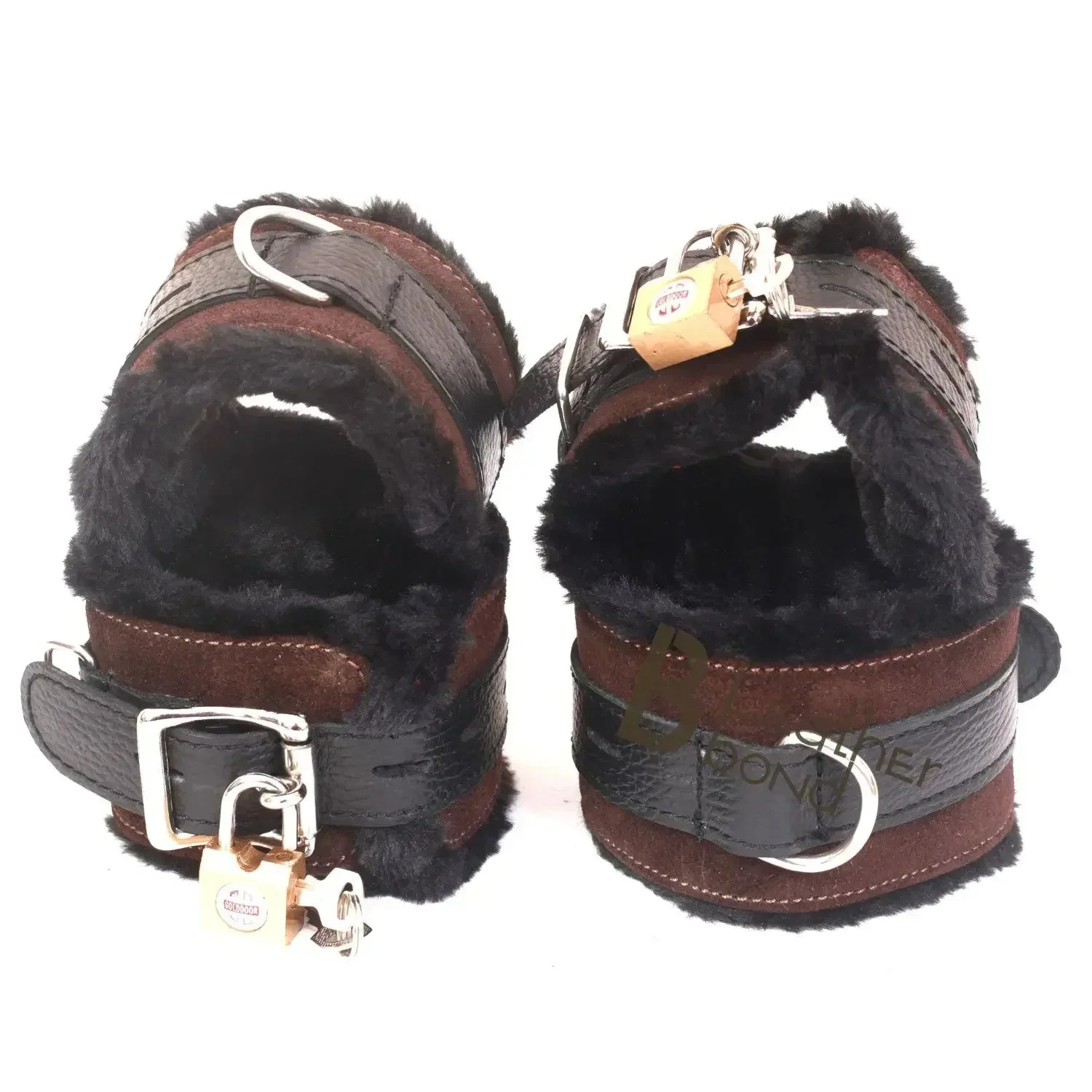 Real Cowhide Suede Leather Wrist and Ankle Cuffs Restraint Bondage Set Brown & Black 5 Piece Padded Fluffy Fur Lining