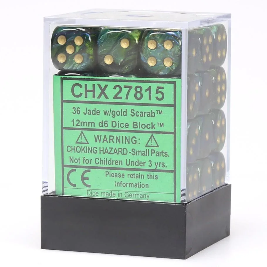 Chessex Scarab™ Jade mit goldenen Zahlen 12 mm Würfelblock (36 Würfel)