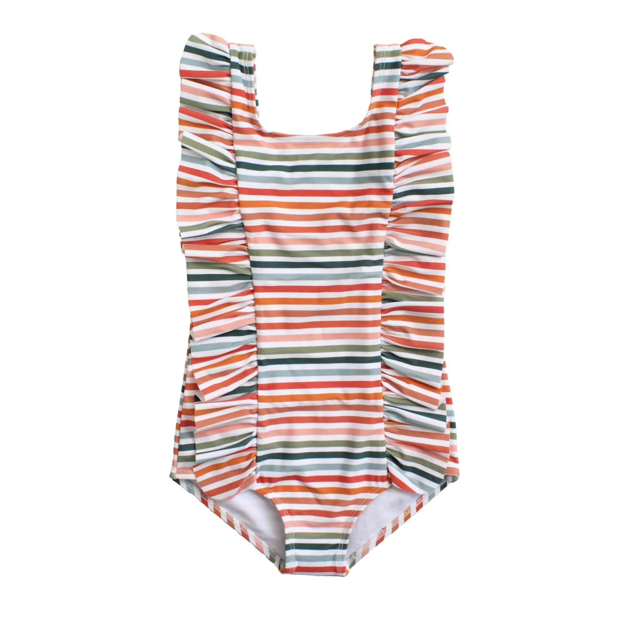 Sunset Stripes Ruffle Front One Piece Girls Swimsuit