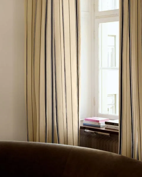 How to Layer The Shade – Sand Curtains with The Triple Stripe – Blue/Black Rug for a Cohesive Look