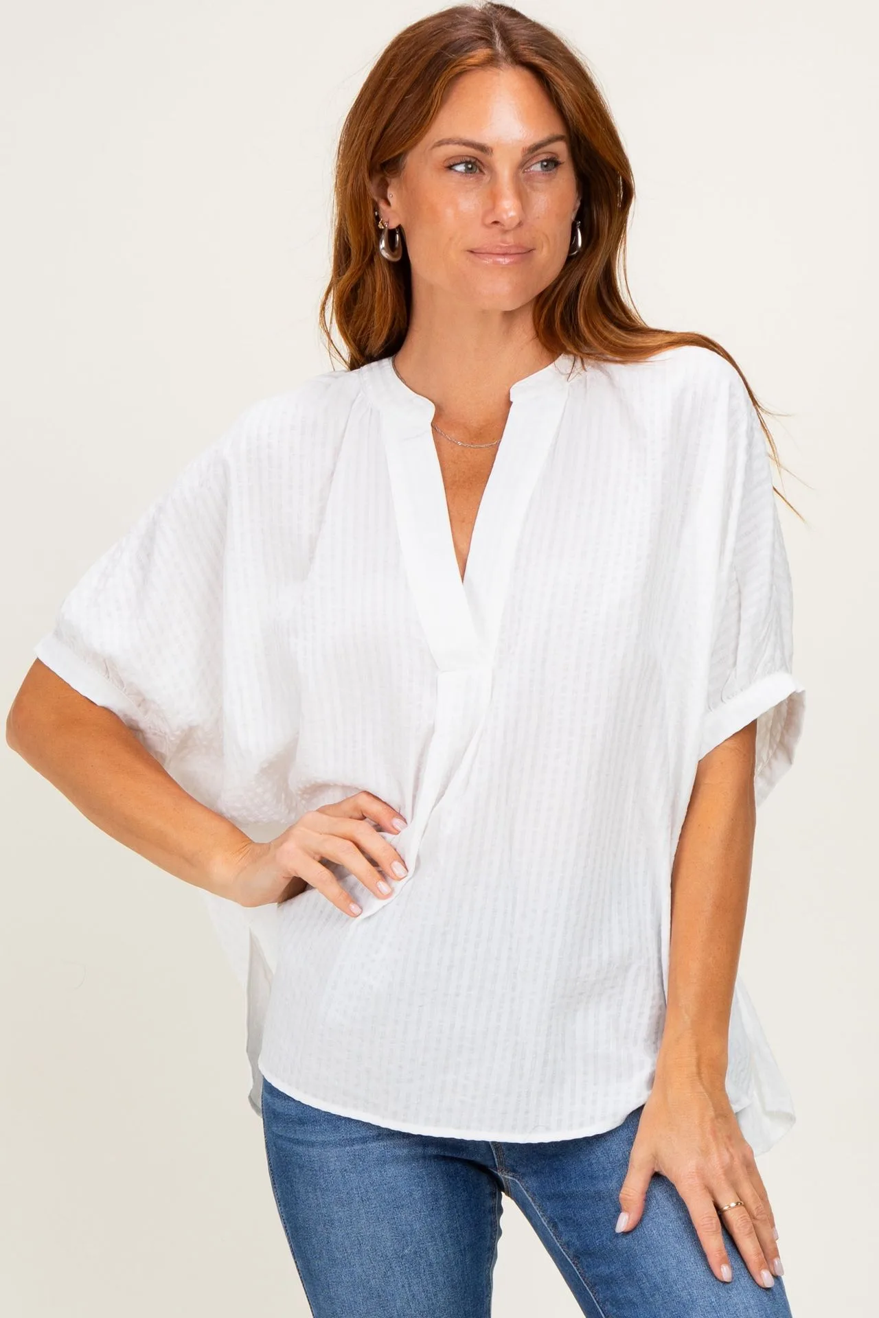 Off White Textured Stripe Oversized Blouse