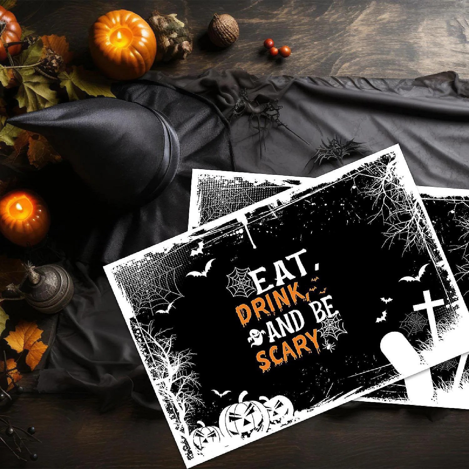 Sets de table Halloween 12"x 18" « Eat Drink And Be Scary » – 8 pièces par paquet