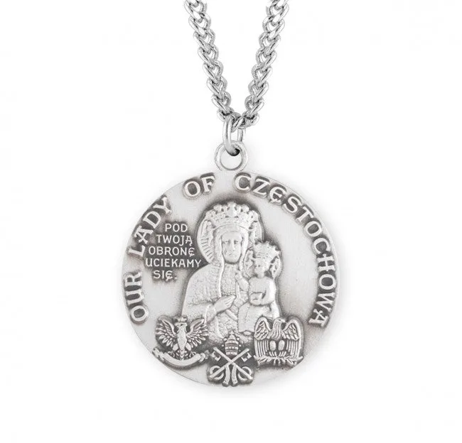 Medalha redonda de prata esterlina de Nossa Senhora de Czestochowa