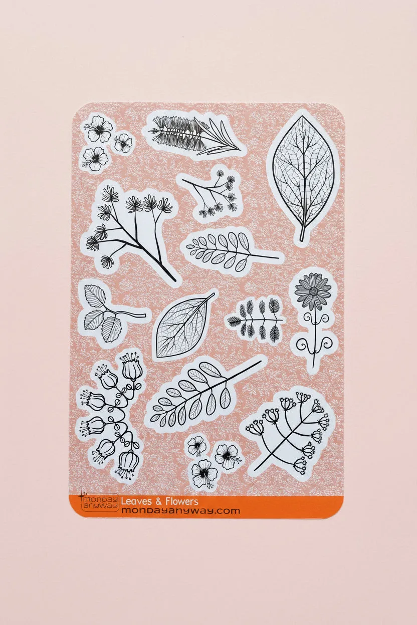 Black & White Flowers & Leaves Sticker Sheet