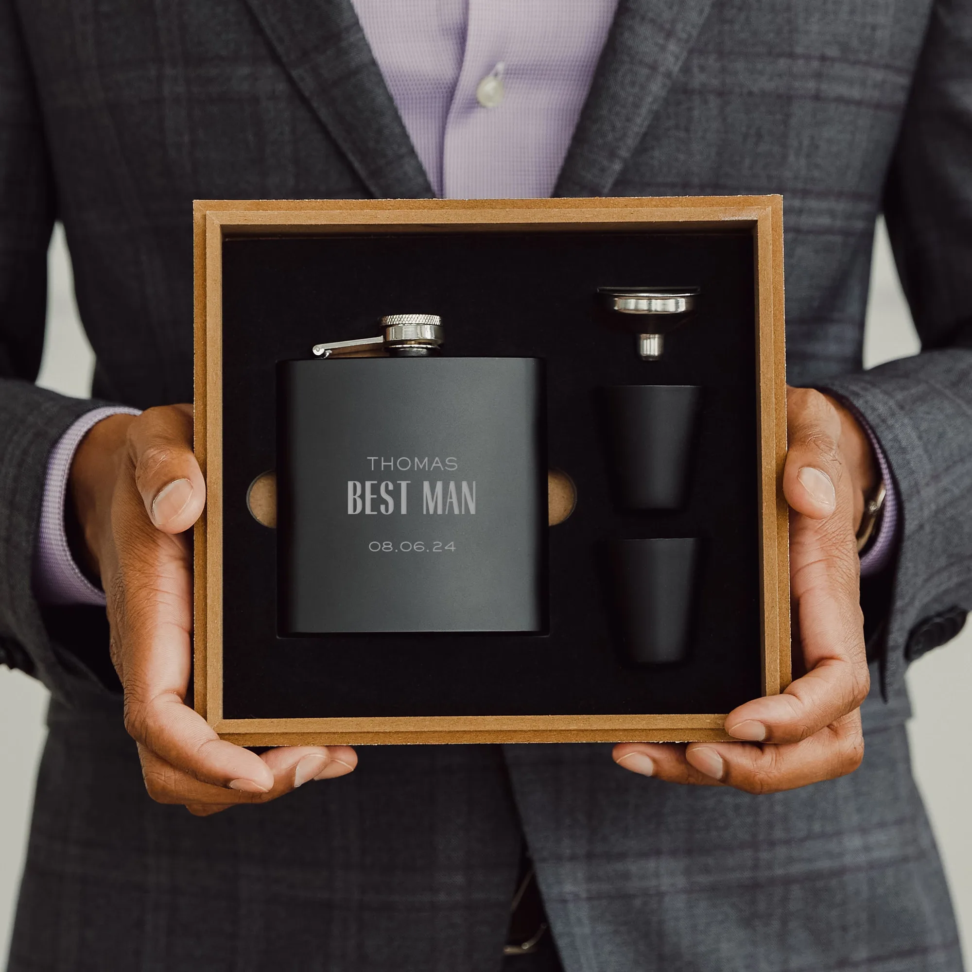 Engraved Wood Gift Box & 6 oz. Black Metal Hip Flask Set - Modern Groomsman