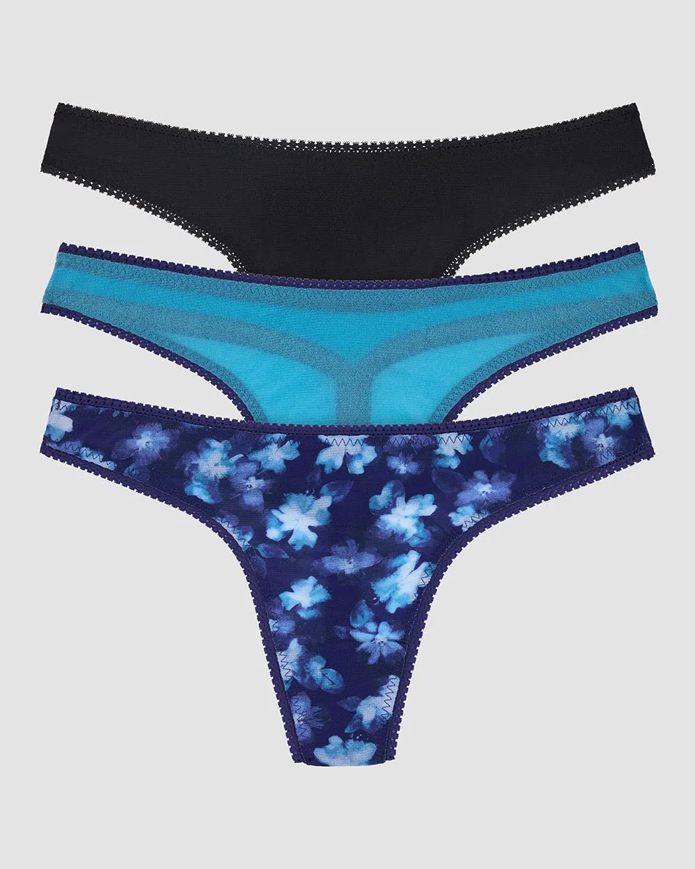 Gossamer Mesh Hip G Thong Underwear 3 Pack - Heavenly Floral Delphinium Blue Black