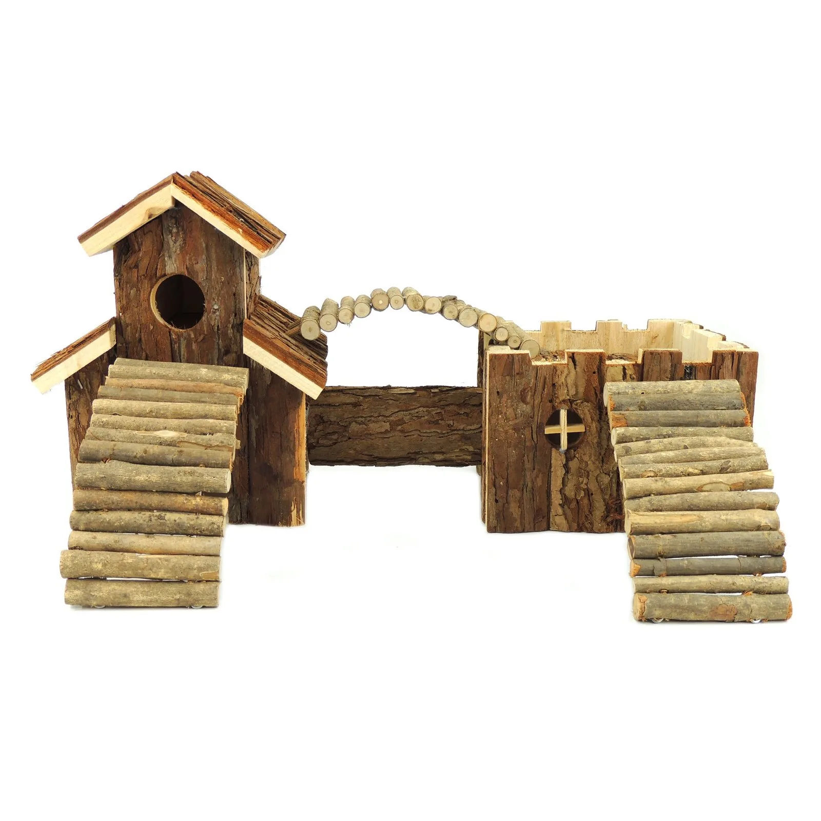 Small Animal Double Wooden House with Bridges | 46x17x23cm | Classic