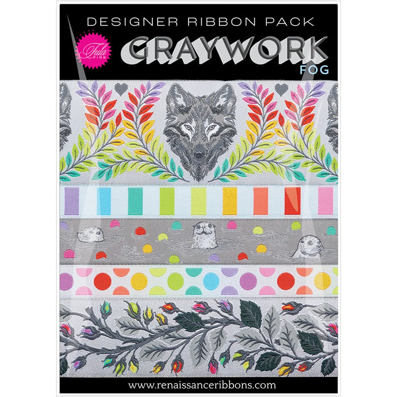 Tula Pink Graywork - Fog Designer Ribbon Pack by Renaissance Ribbons