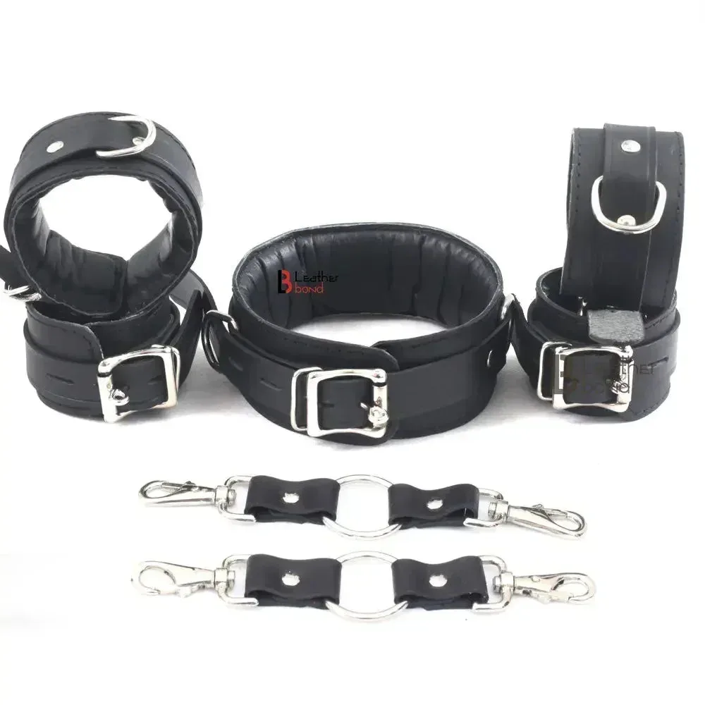 7-teiliges gepolstertes Fessel-Set aus echtem Leder mit Hand-, Fuß- und Halsmanschetten, heavy duty | Schwarz