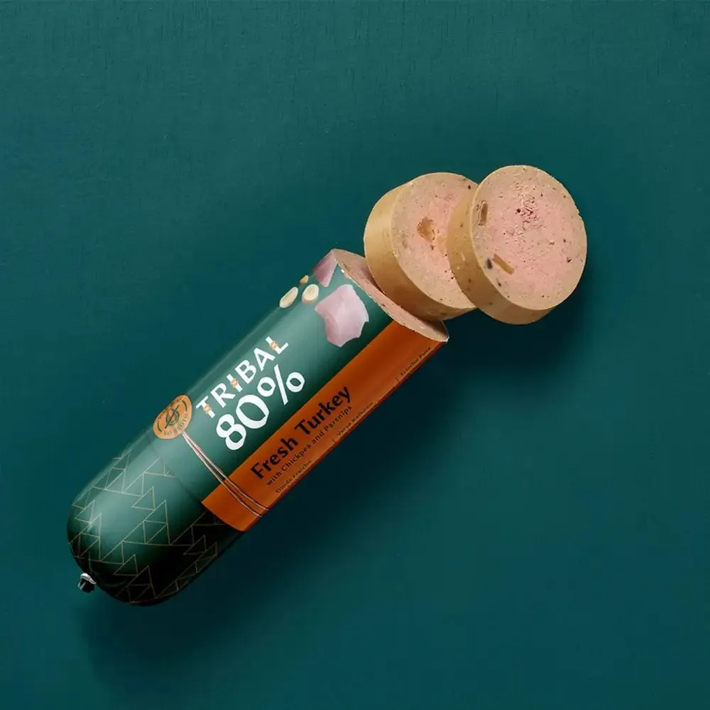 Salsicha Gourmet Tribal 80% de Peru Fresco: Alimento Húmido Rico em Proteínas para Cães