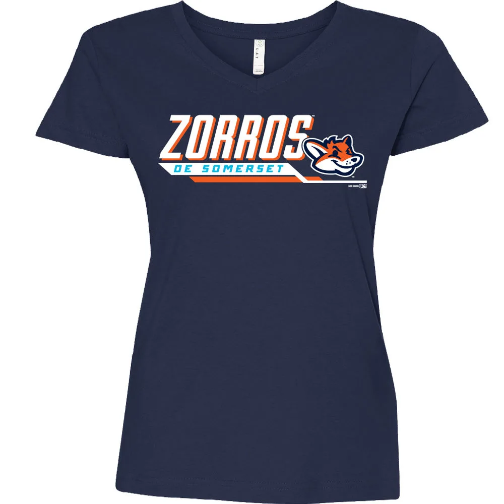Somerset Patriots Ladies Navy Longer Length Zorros de Somerset Disposition Copa Vneck Tshirt