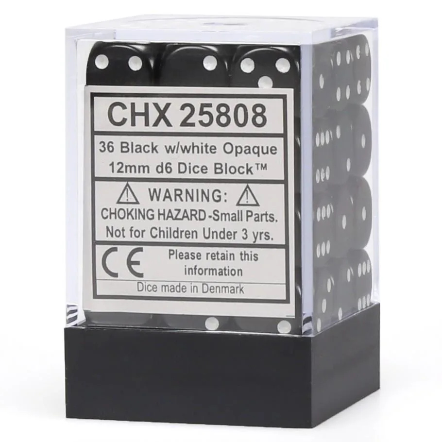 Chessex Opaco Negro con números blancos 12 mm Bloque de dados (36 dados)