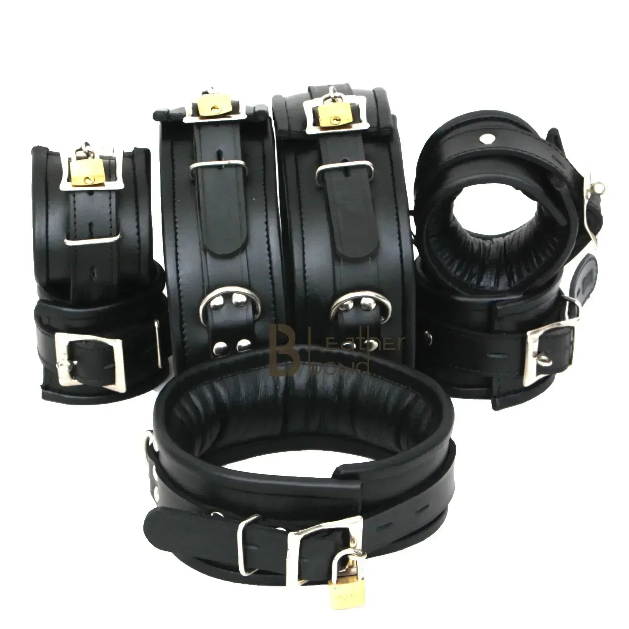 Real Leather Wrist, Ankle & Thigh Cuffs with Collar & Hogtie Complete Restraint Bondage Set | Black