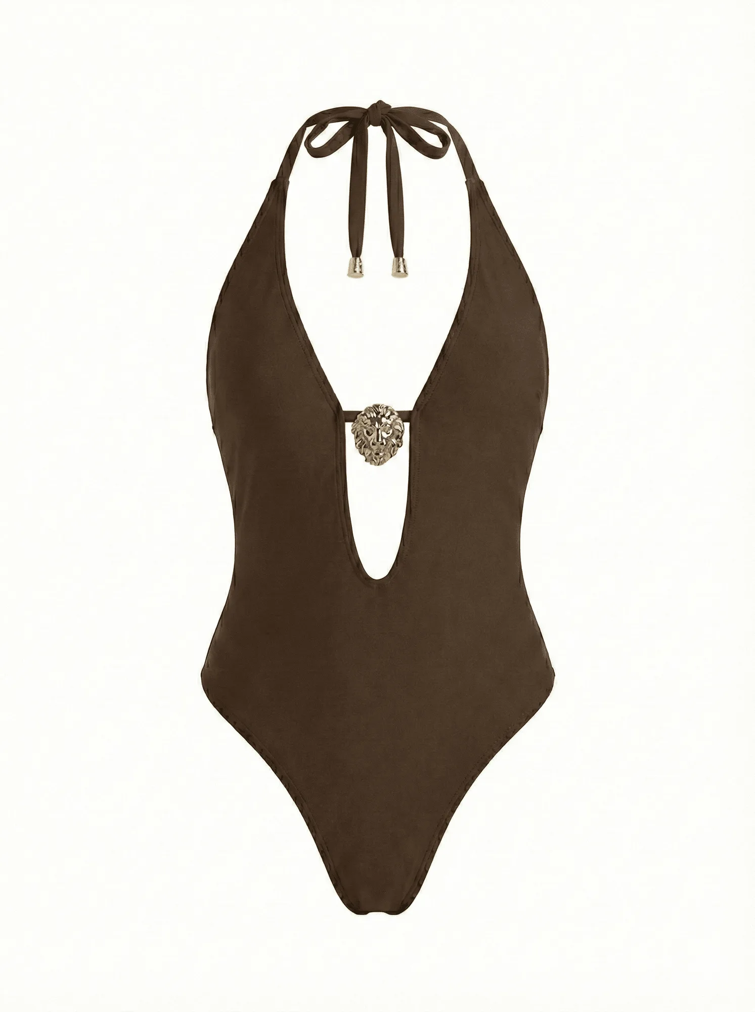 Brown Plunge One-Piece Swimsuit with Gold Detail