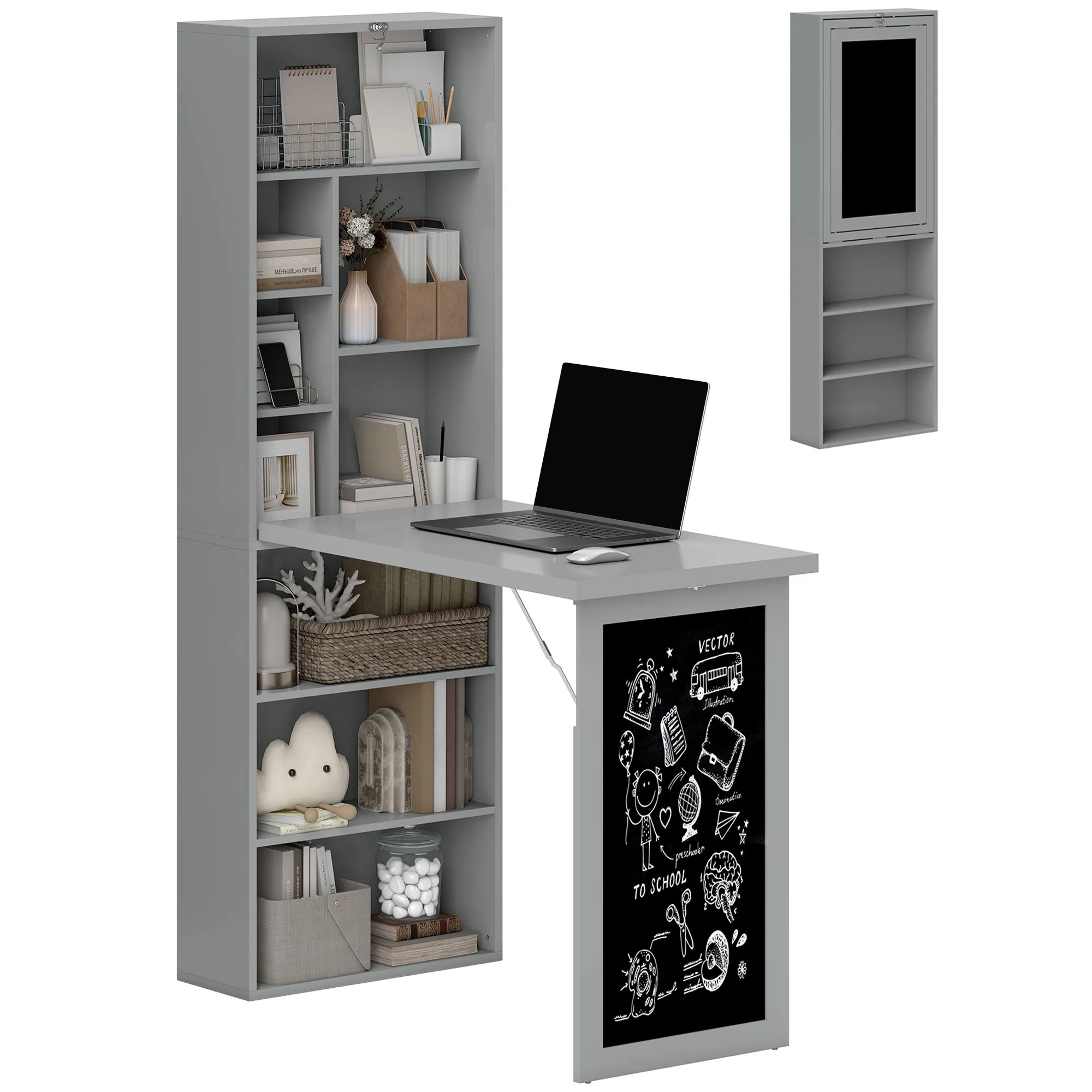 HOMCOM Fold-out Convertible Office Desk, Wall Mount Computer Desk with Blackboard and Side Shelf, Charcoal Gray