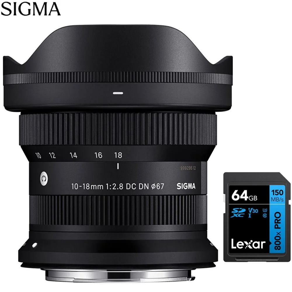 عدسة Sigma 10-18mm F2.8 DC DN | Contemporary بحامل عدسة (Canon RF) مع بطاقة 64GB