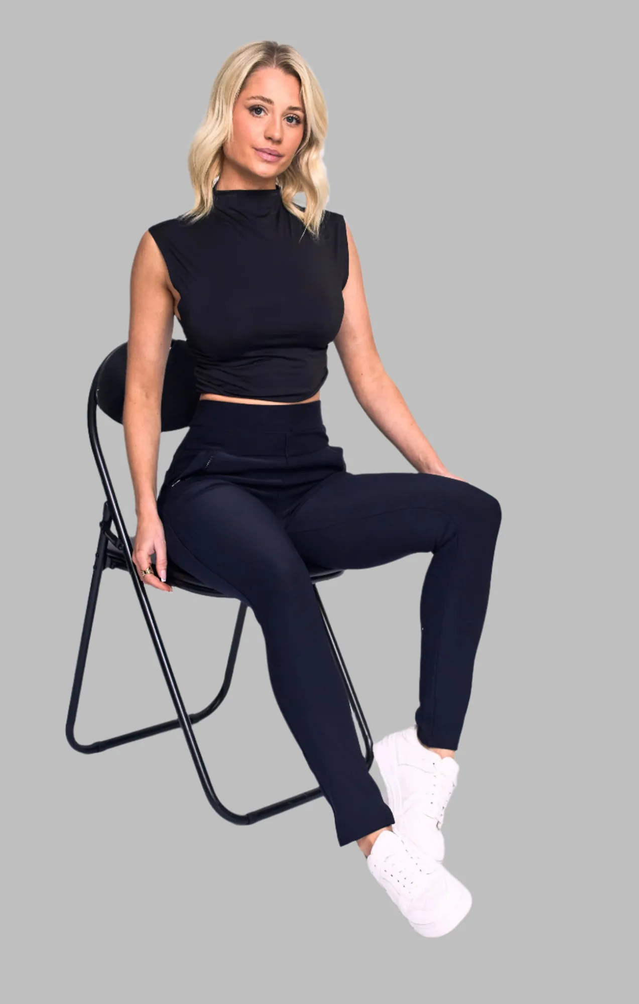 Navy High Waist Double Band Pocket Leggings - Aria