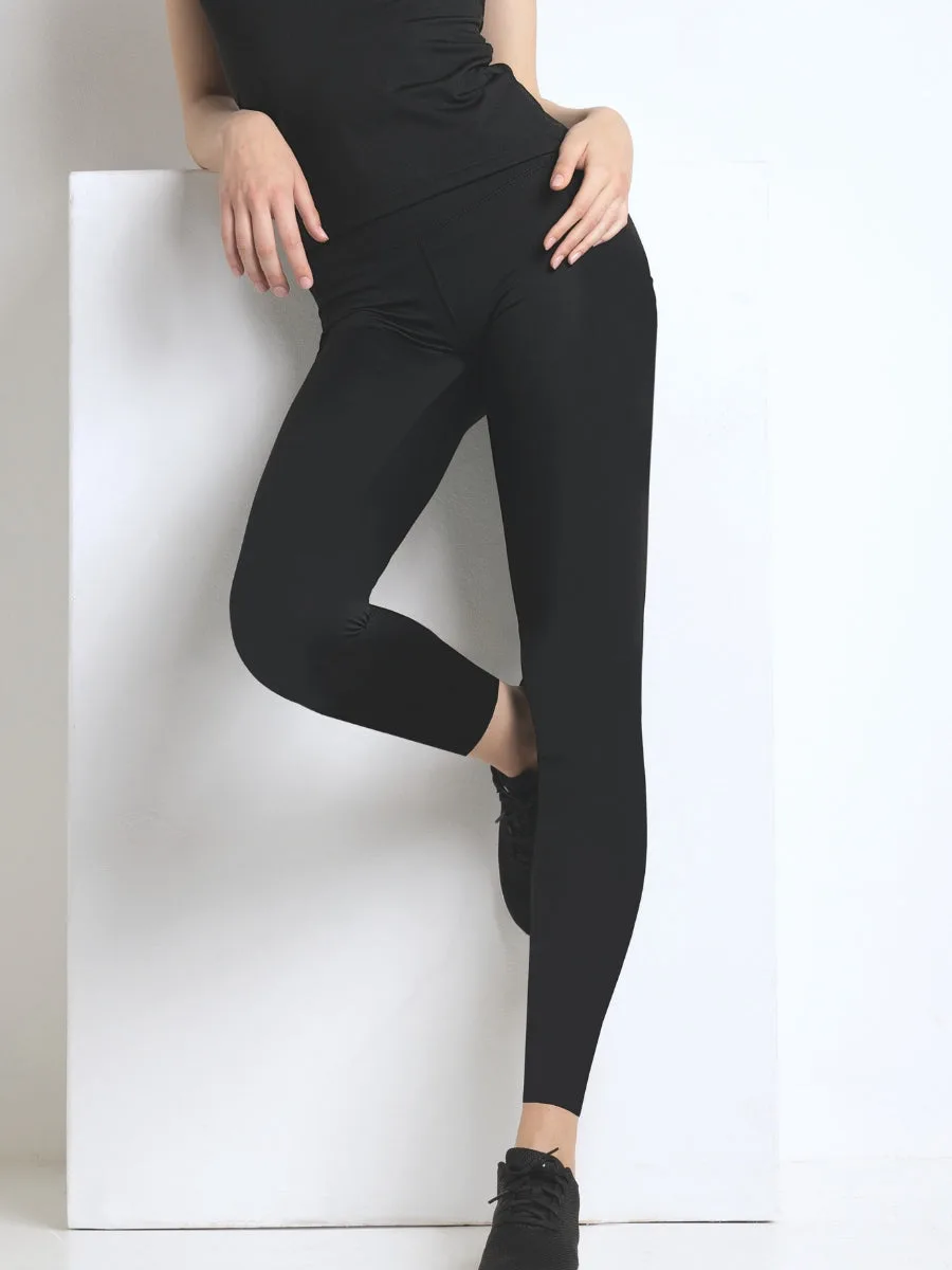 Leggings Akty con cuciture e vita alta doppiata - NERO - AT03