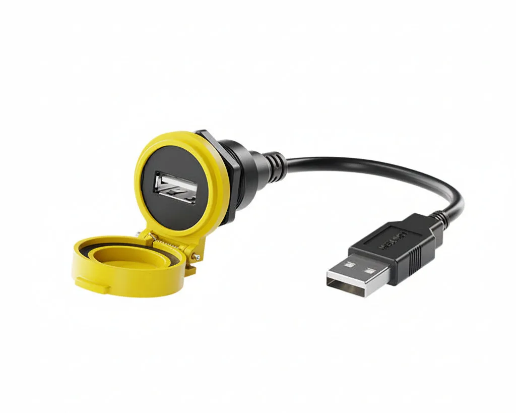 Yellow IP67 Waterproof USB 2.0 Panel Mount Extension Cable USB A Male to Female