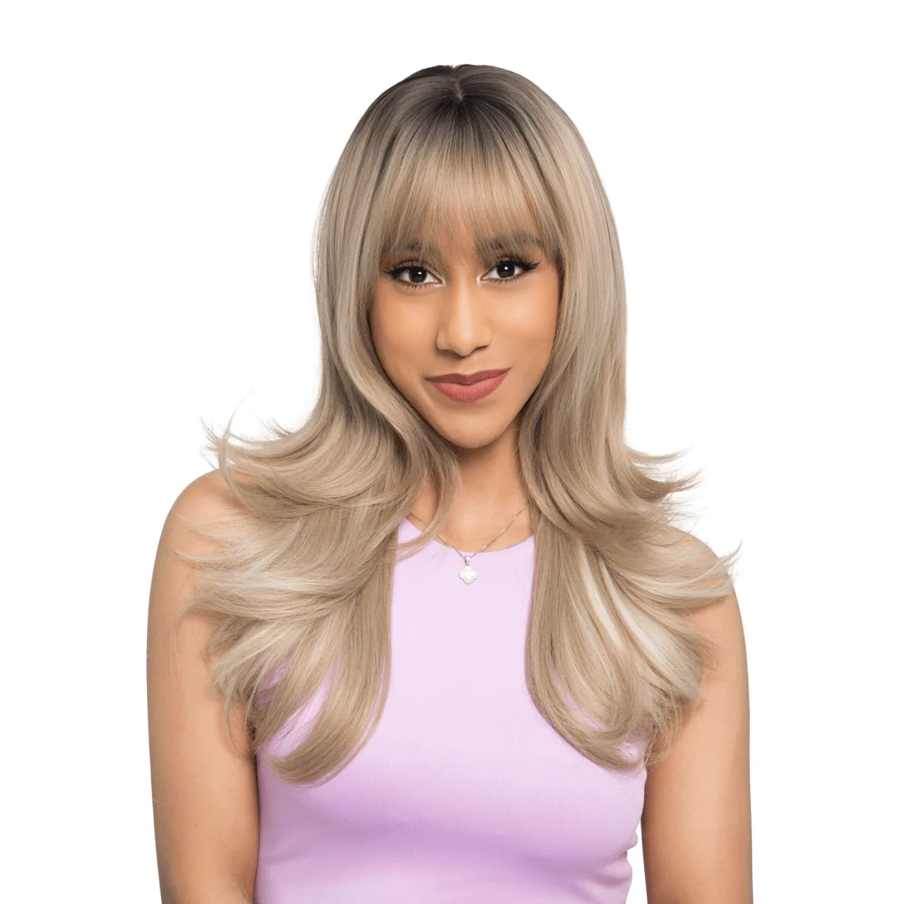 20-inch Light Ash Brown Ombre (Dark Brown Roots) Flicked End Layered Wavy Cut Synthetic Wig