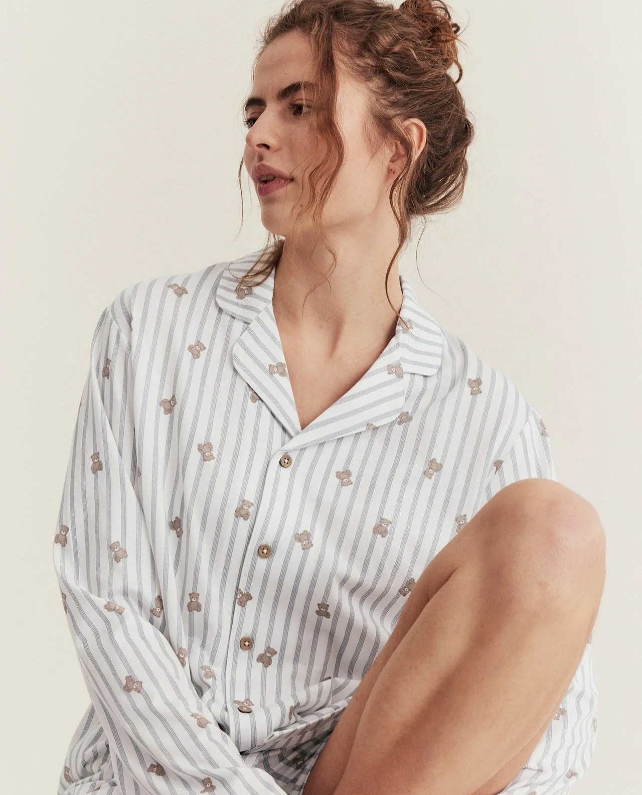 Dames witte gestreepte teddybeer pyjama