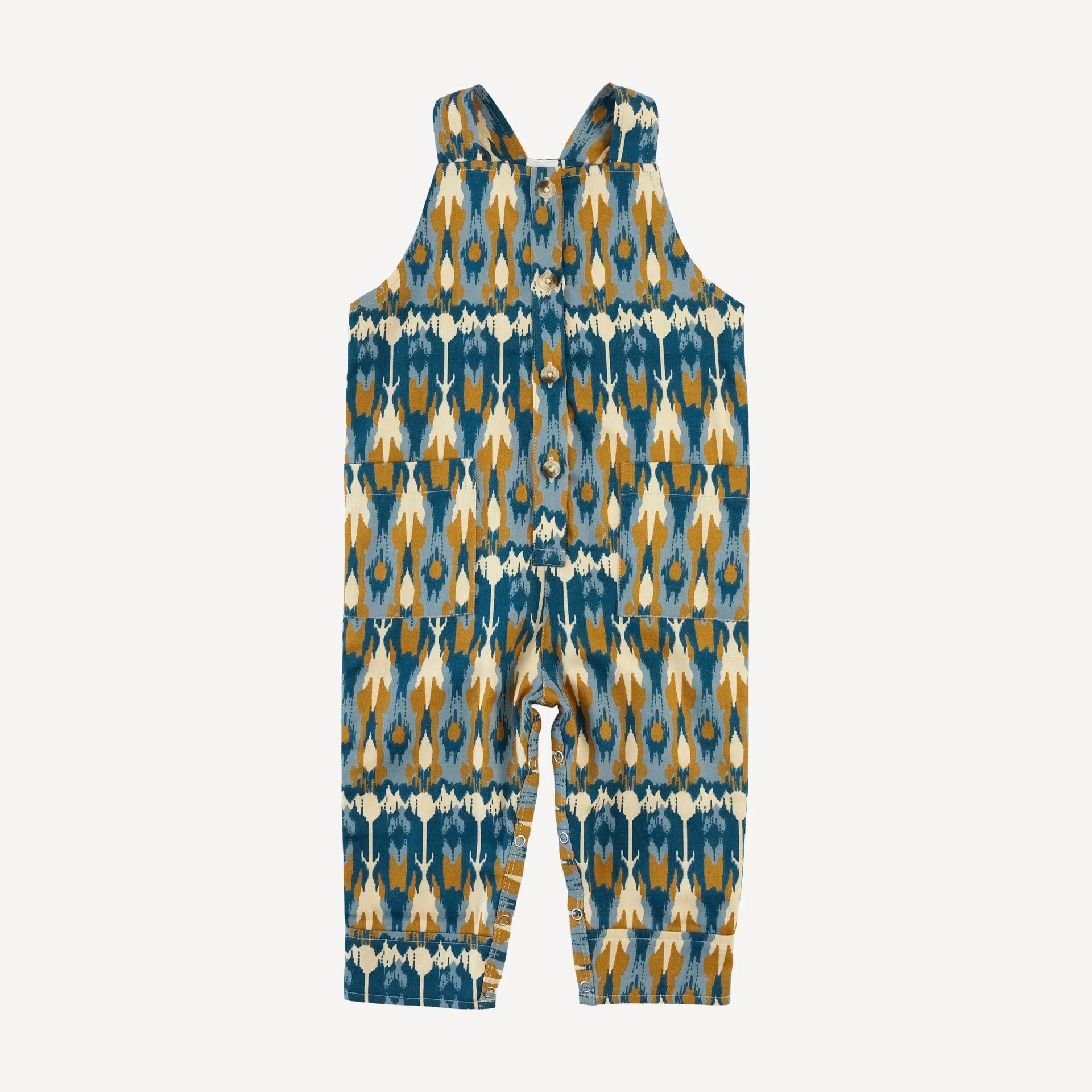 button pocket overall | blue ikat | organic cotton sateen woven