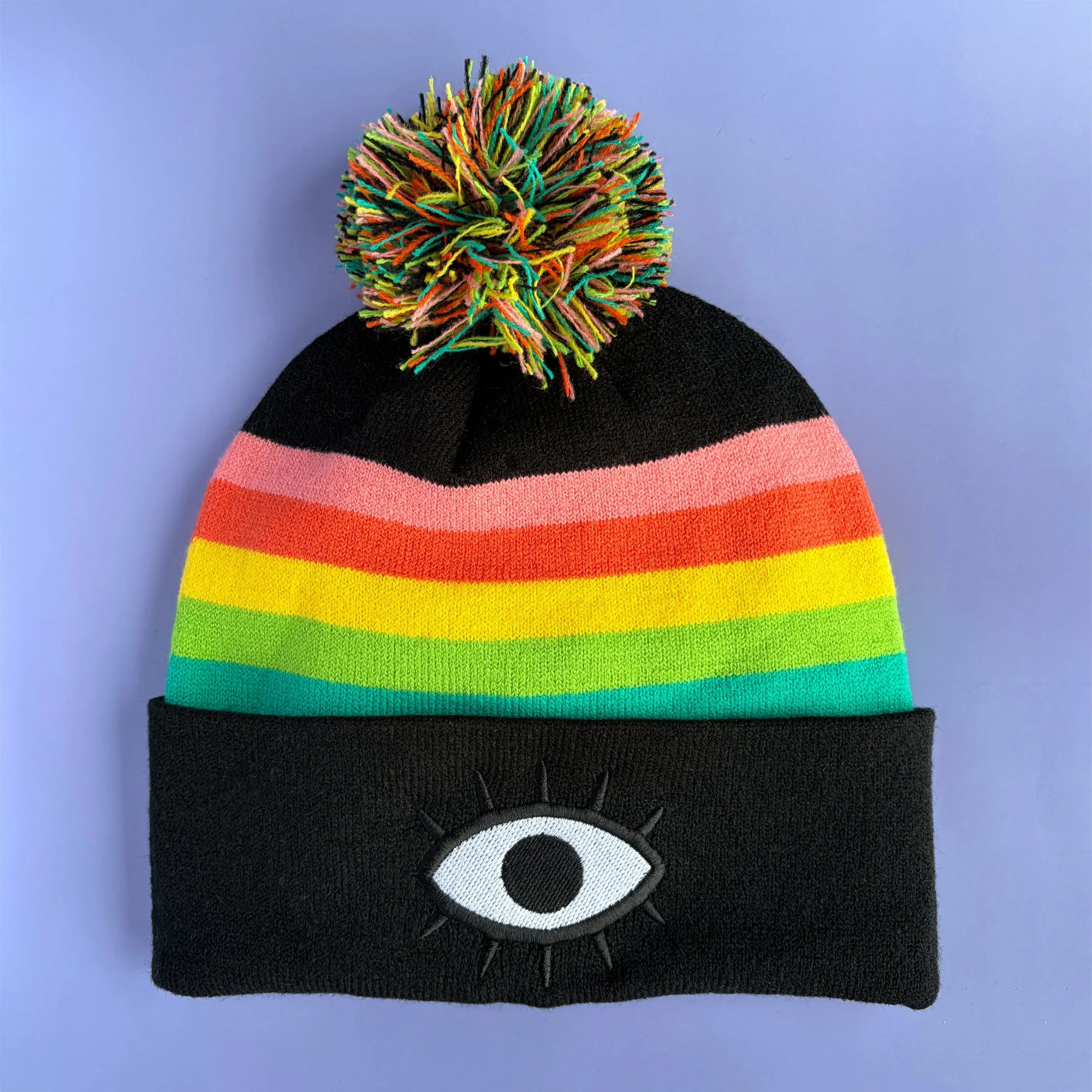 Black Rainbow Pom Beanie
