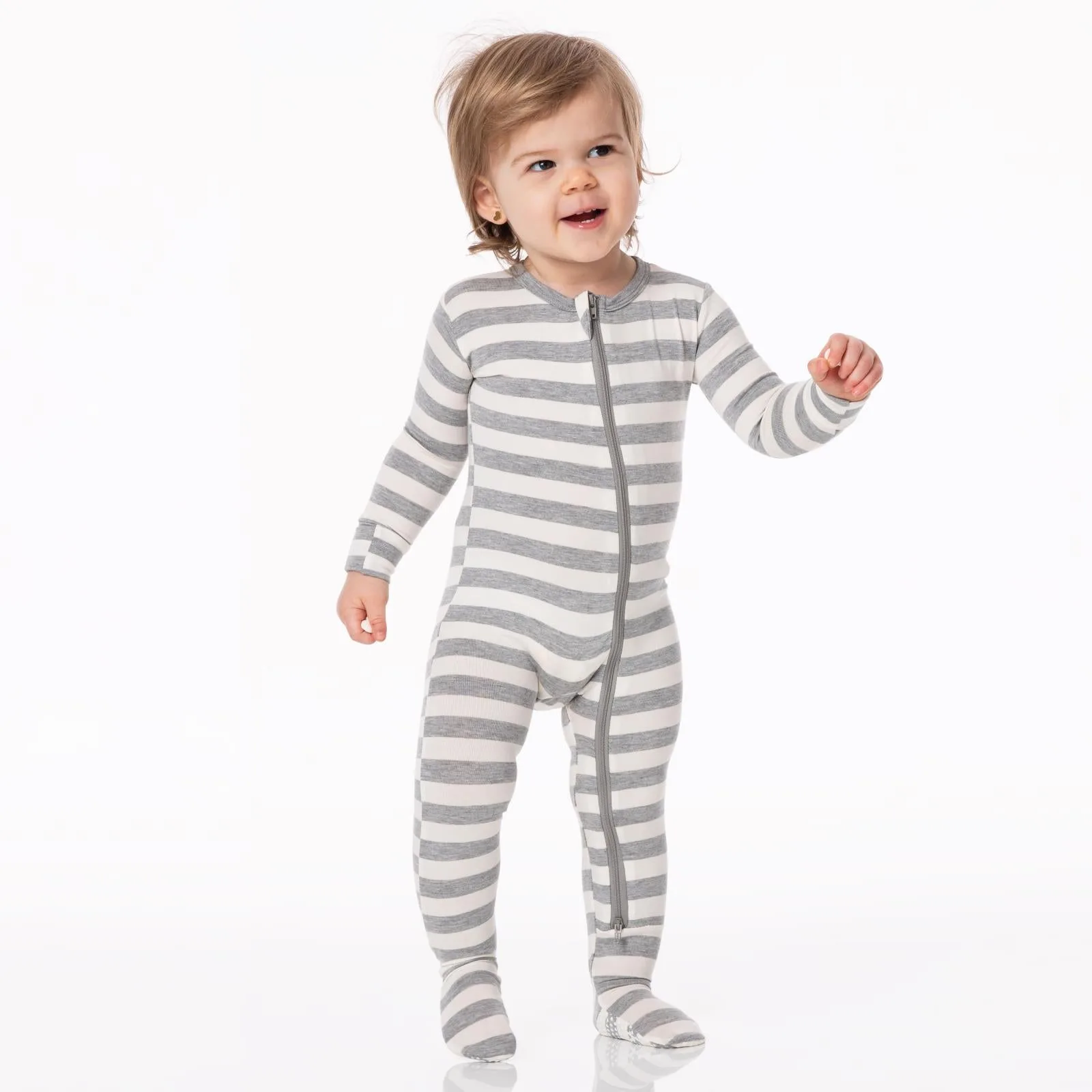 Print Footie with 2 Way Zipper in Heathered Mist Sweet Stripe