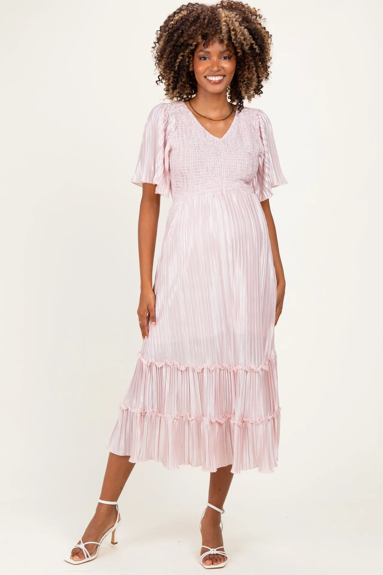 Pink Pleated Satin Smocked Maternity Midi Dress