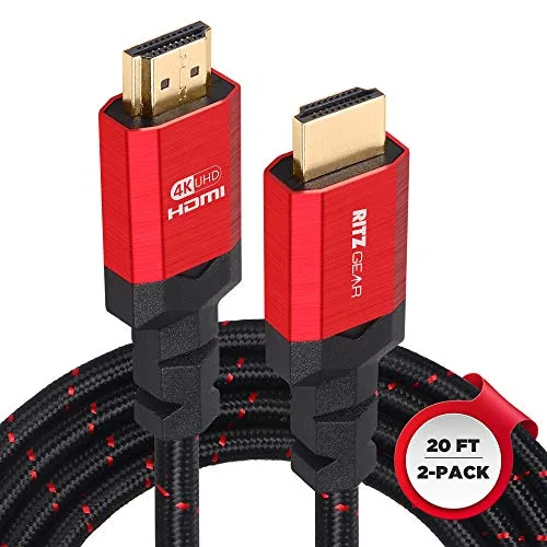 RitzGear 4K HDMI-Kabel | 2er-Pack 20 Ft. Hochgeschwindigkeits-HDMI-2.0-Anschlüsse mit 18Gbps | Langlebiges geflochtenes Nylon, Goldbeschichtung, 4K @ 60Hz Ultra HD, 3D, 2160p, 1080