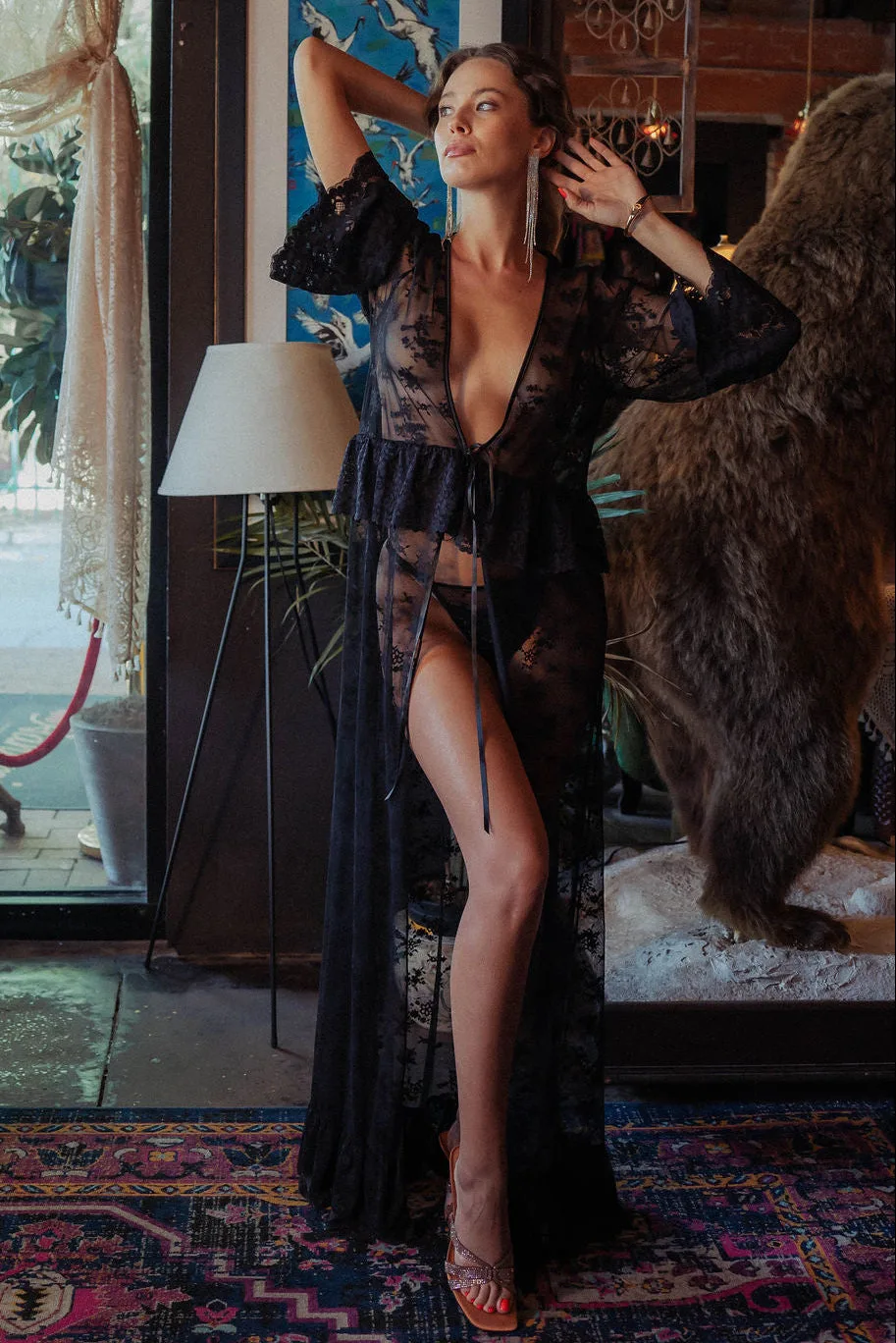 BLACK MIXED LACE MAXI ROBE