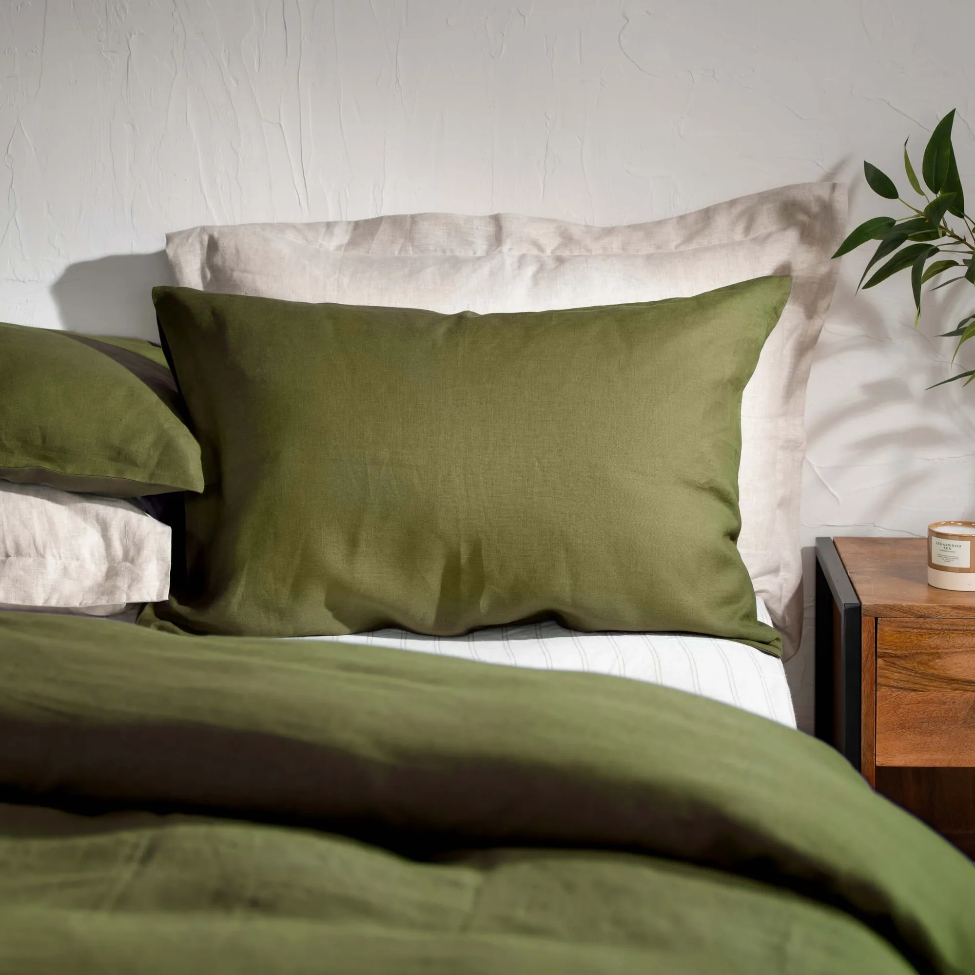 Olive Green French Linen Bed Set Superking