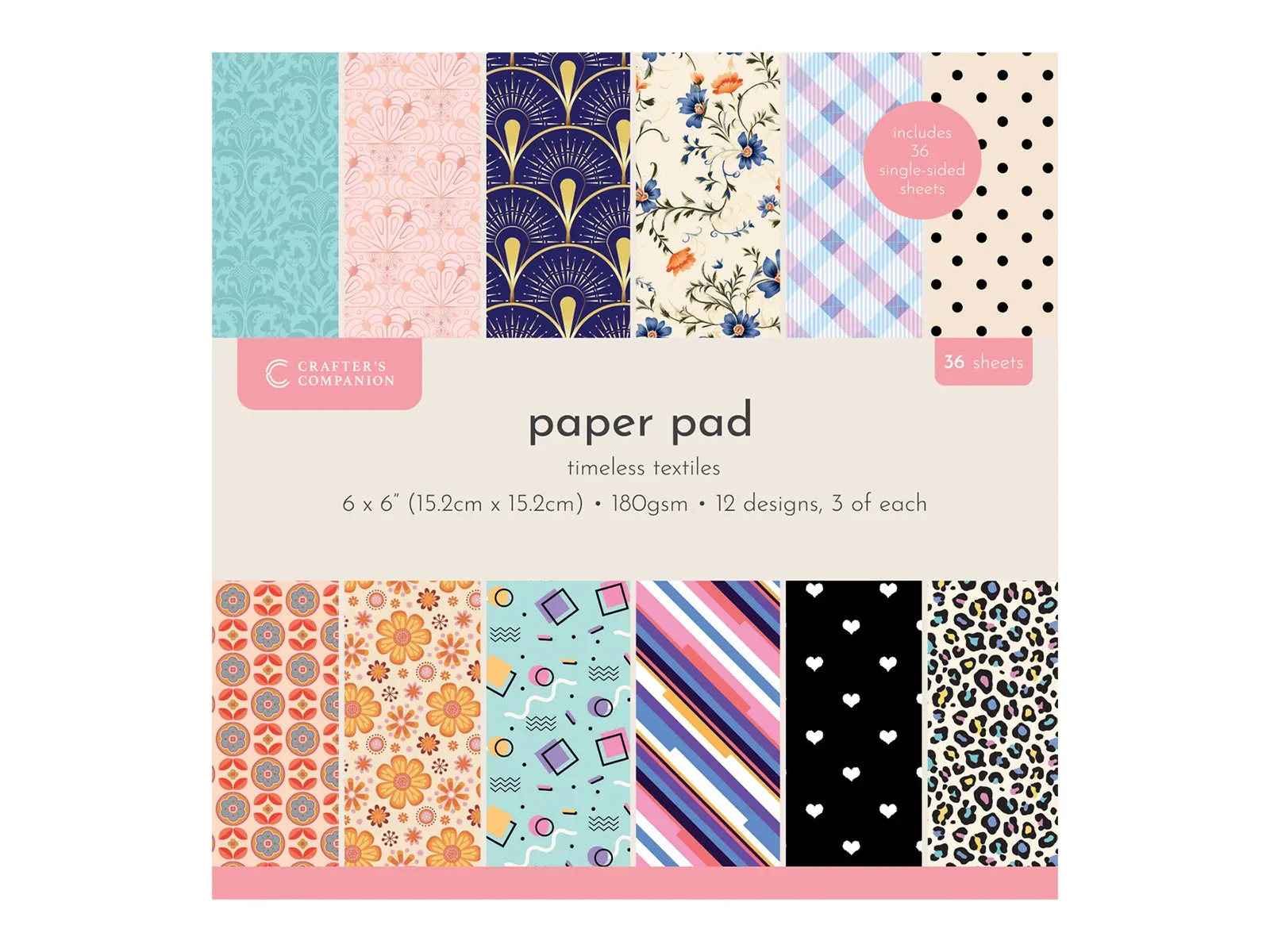 Crafters Companion Bloc de papier 6” x 6” - Timeless Textiles