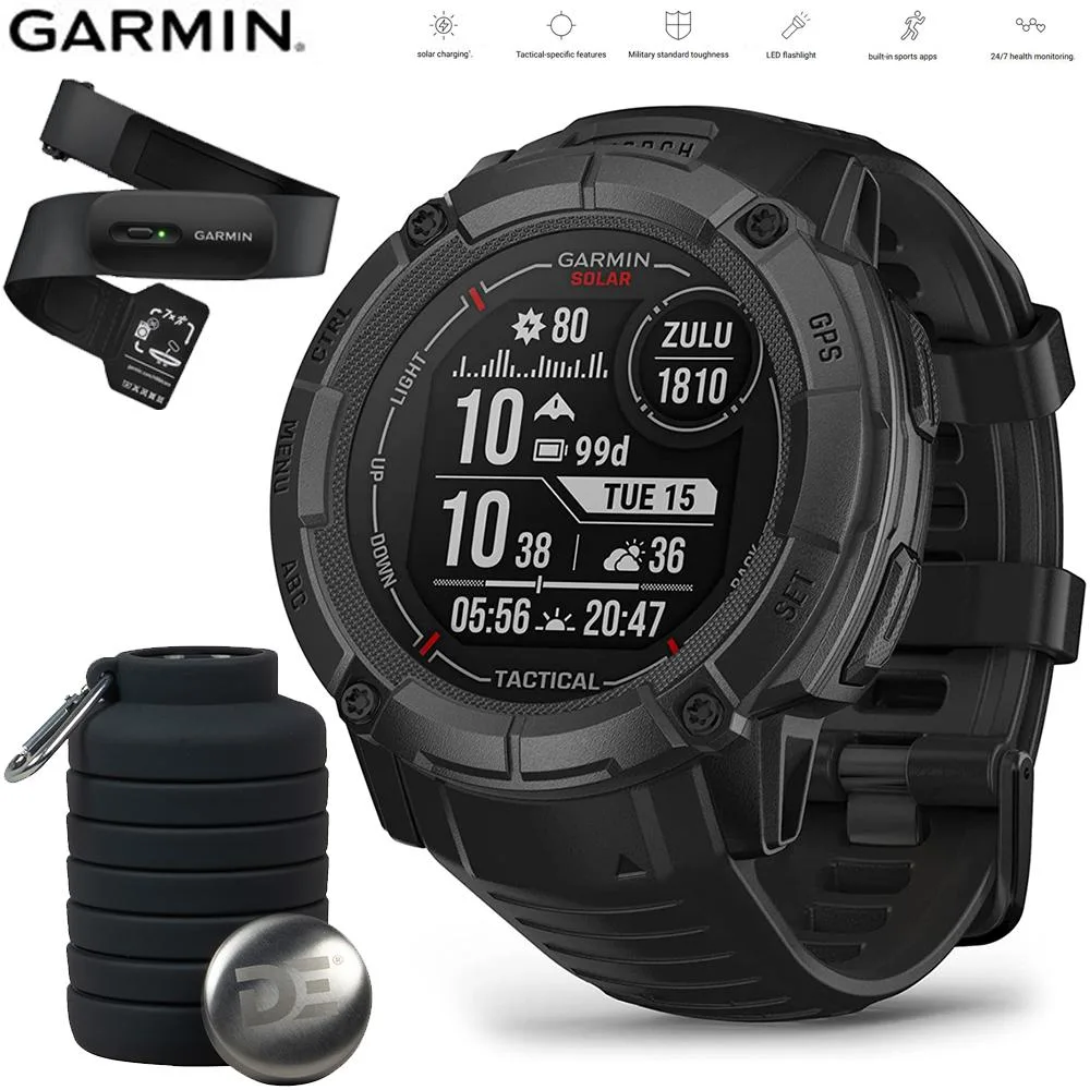 Garmin Instinct 2X Solar GPS 스마트워치 블랙 + 물병 & 심박수 스트랩 M-XL