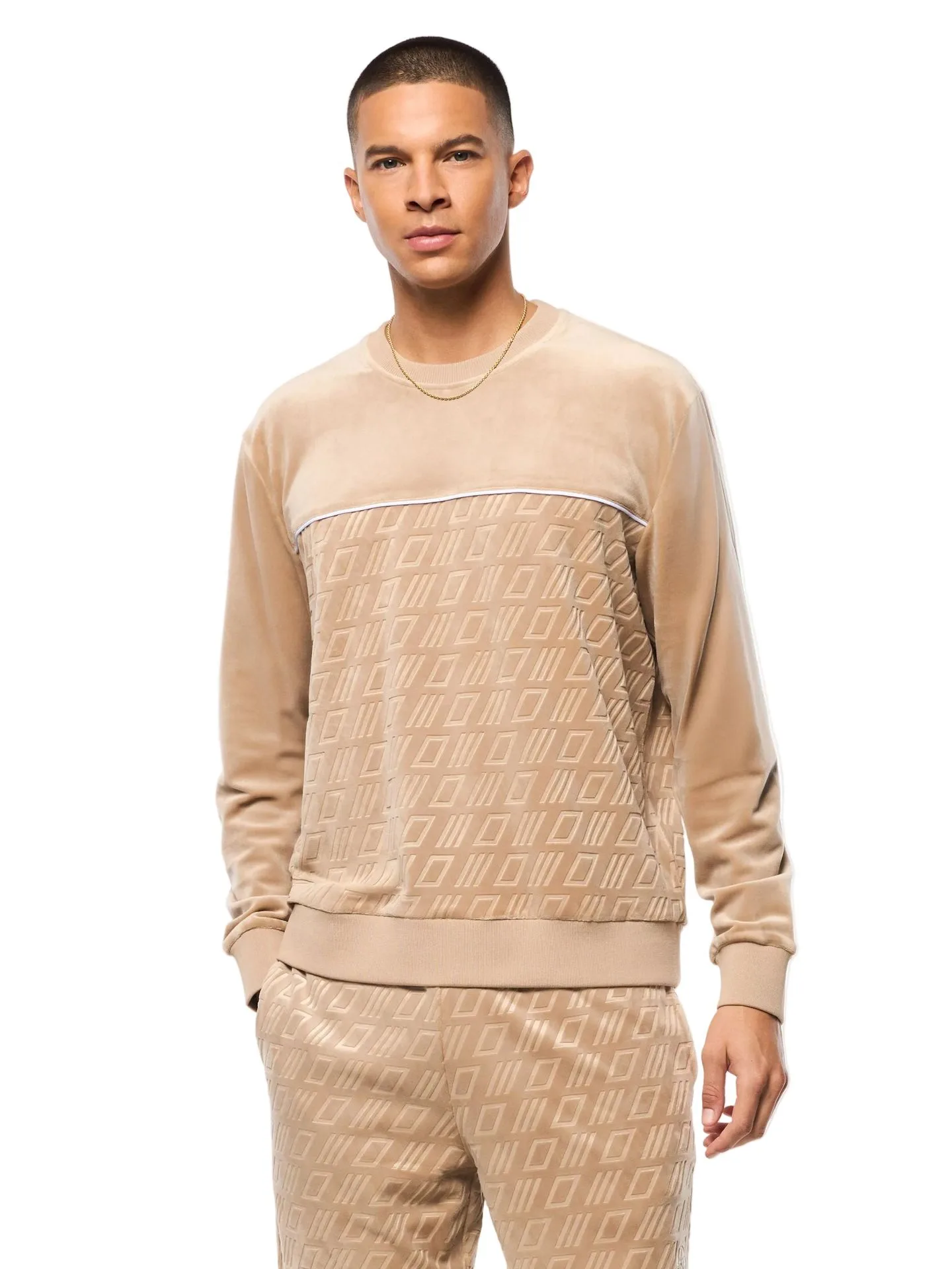 Bandiera Debossed Velour Crewneck-Humus
