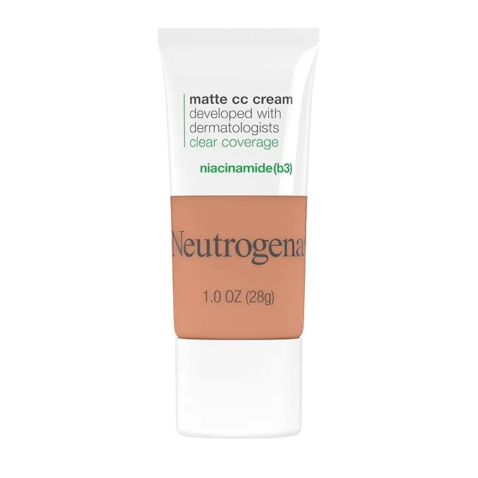 Neutrogena Clear Coverage Flawless Matte CC Cream, Full-Coverage Color Correcting Cream Face Makeup with Niacinamide (b3), Hypoallergenic, Oil Free & Fragrance Free, Cappuccino, 1 oz