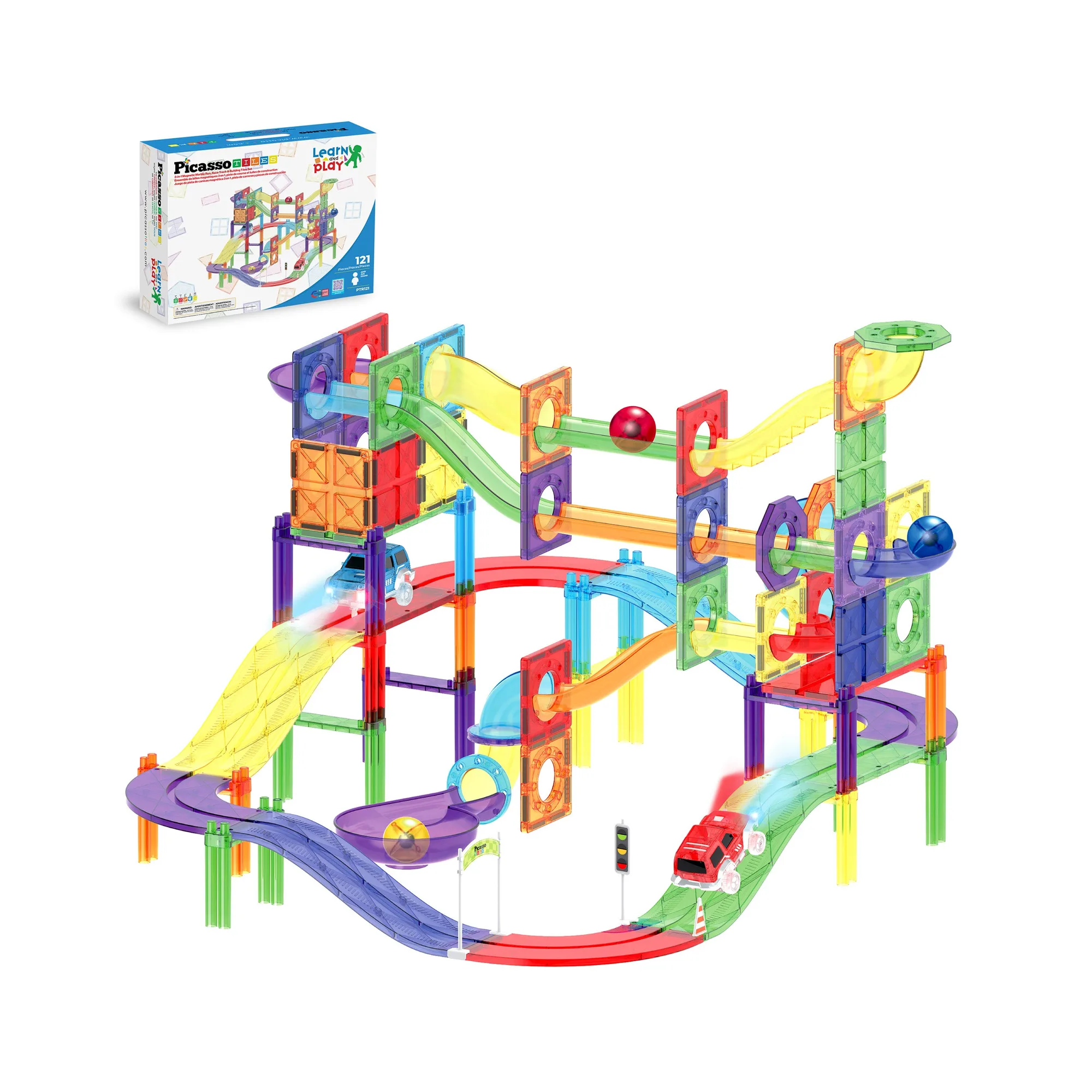 PicassoTiles 121pc 3-in-1 Magnetic Tiles Marble Run & Racetrack Playset with Cars