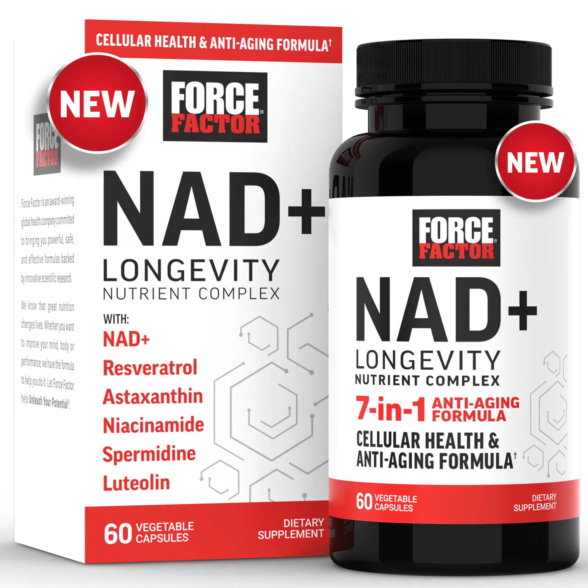 FORCE FACTOR NAD+ (alternativa k NMN nebo nikotinamid ribosidu) s komplexem resveratrolu, astaxantinu, spermidinu a luteolinu, NAD pro podporu buněčného zdraví a zdravého stárnutí,