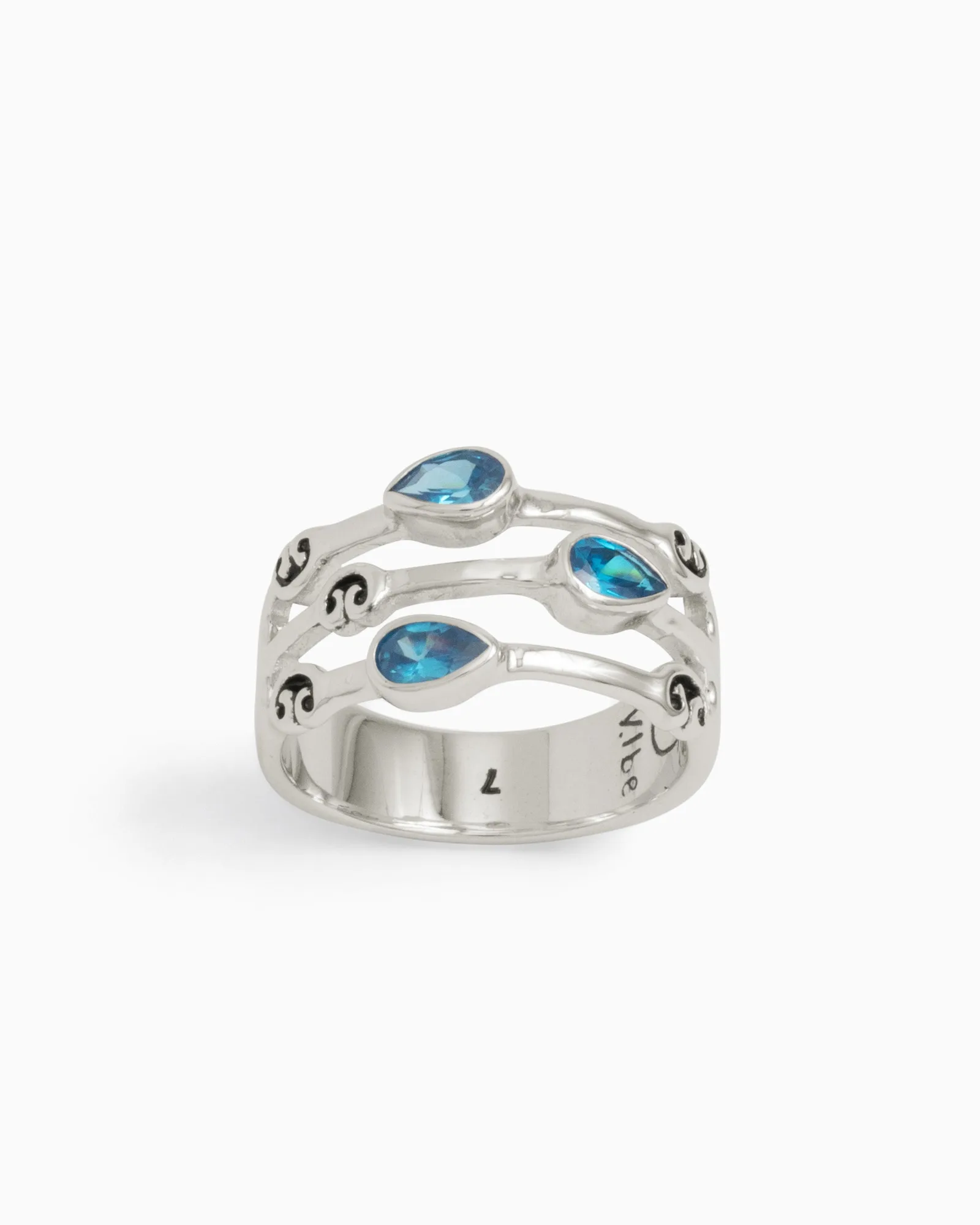 Triple Band Ring with Three Stones - Blue Zircon