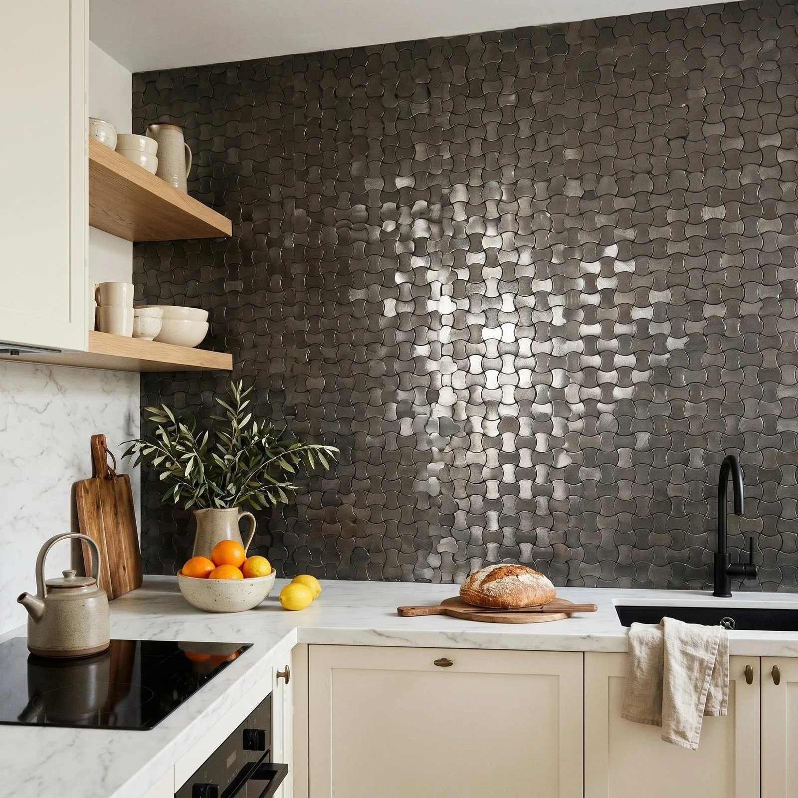 Trefoil 3D Anthracite vs Hexagon Burgundy Backsplash
