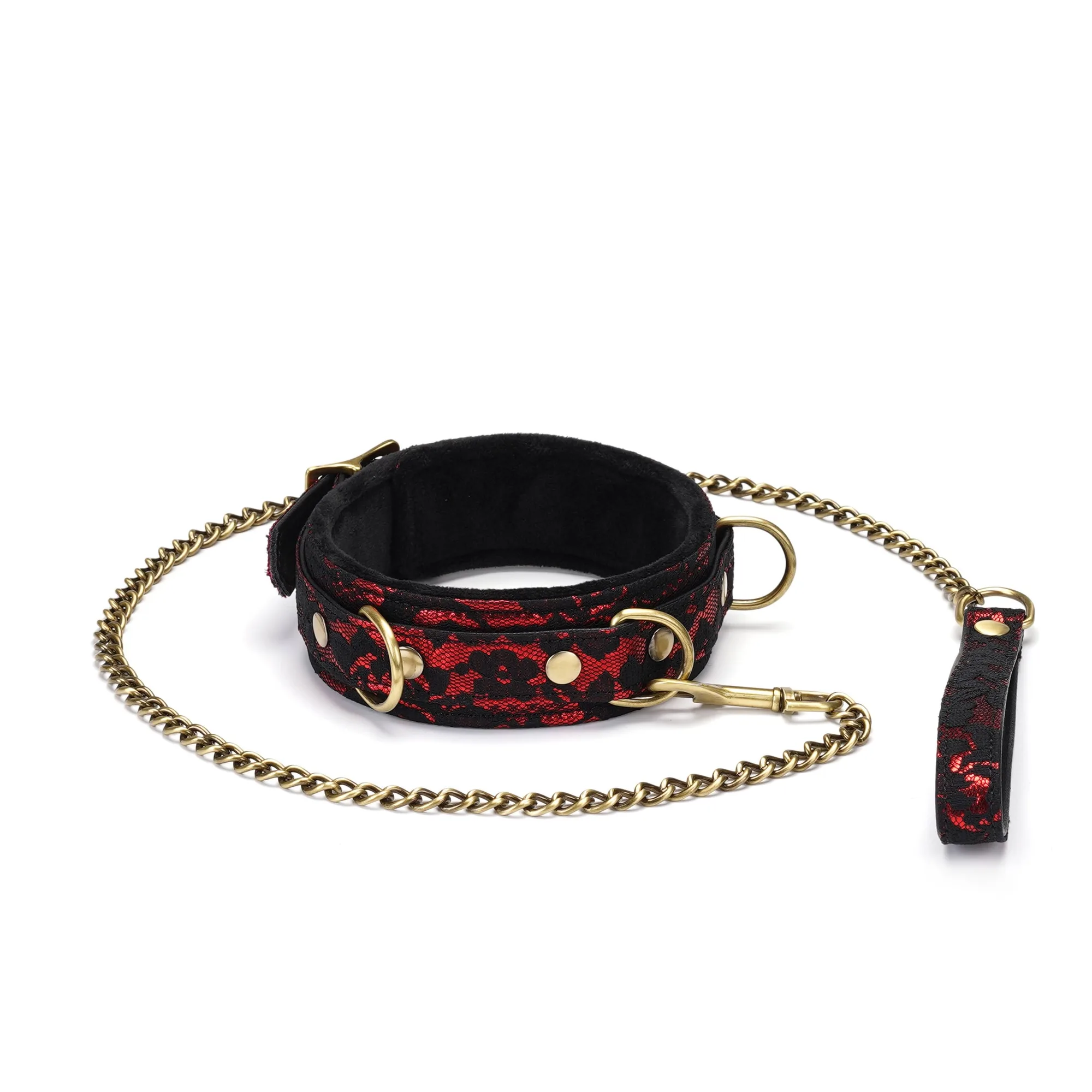 Victorian Garden: Lace and Vegan Leather Collar with Soft Lining and Chain Leash