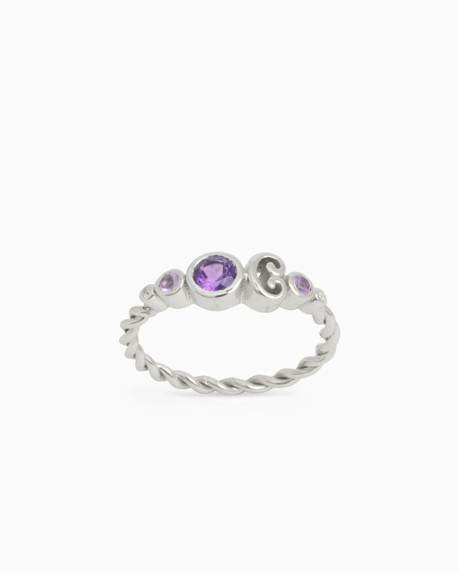 Twisted Five Stone Ring with Open Petroglyph - Amethyst/White Zircon