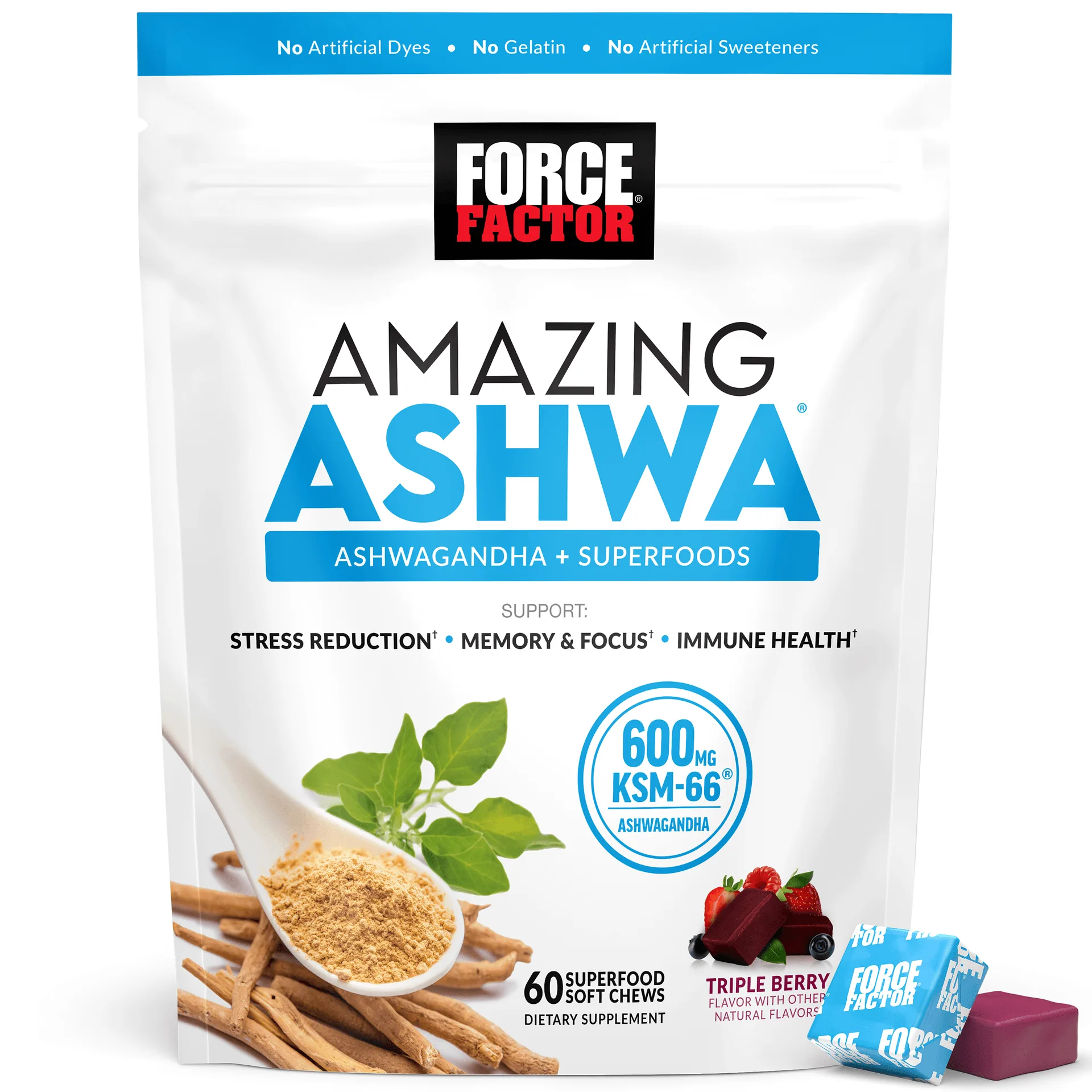Force Factor Amazing Ashwa měkké žvýkací tablety, s doplňkem KSM-66® Ashwagandha, pro úlevu od stresu, relaxaci, paměť, soustředění a podporu imunity, příchuť Triple Berry, 60 kusů