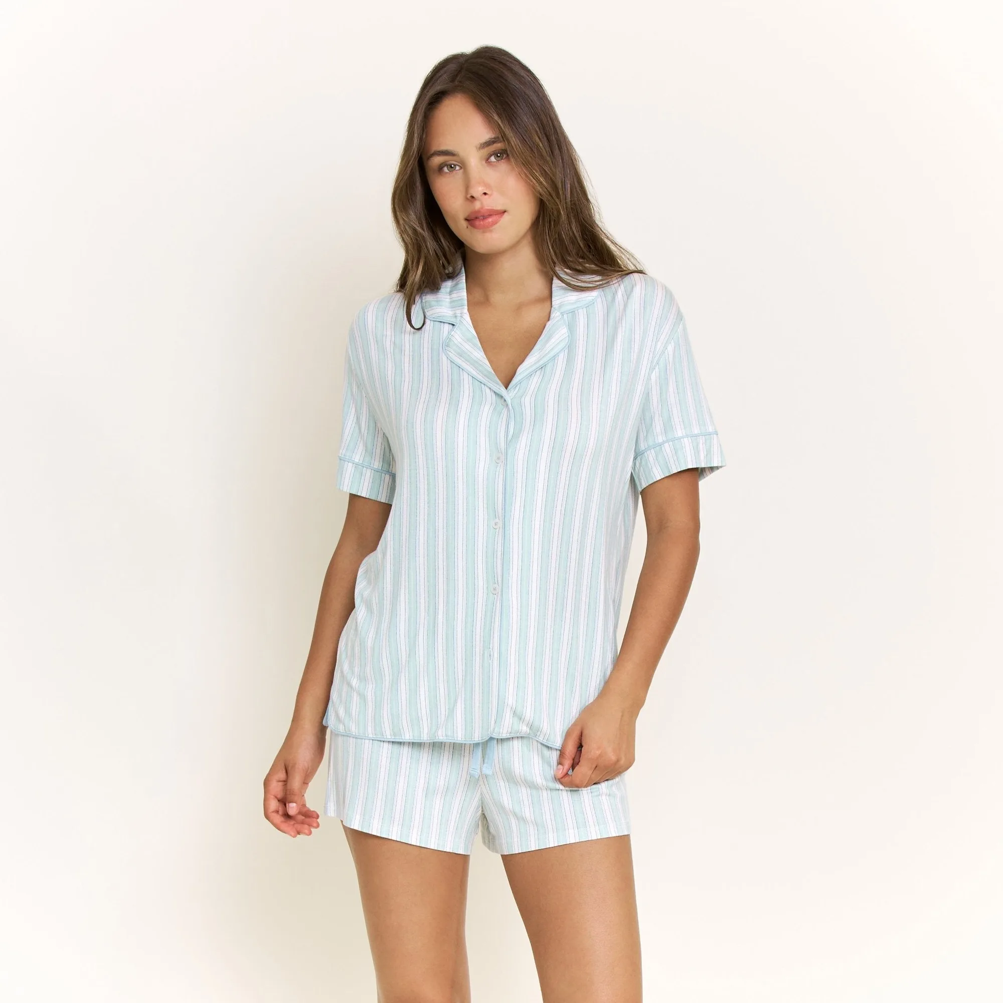 All American Shortie PJ Set in Sage Stitched Stripe