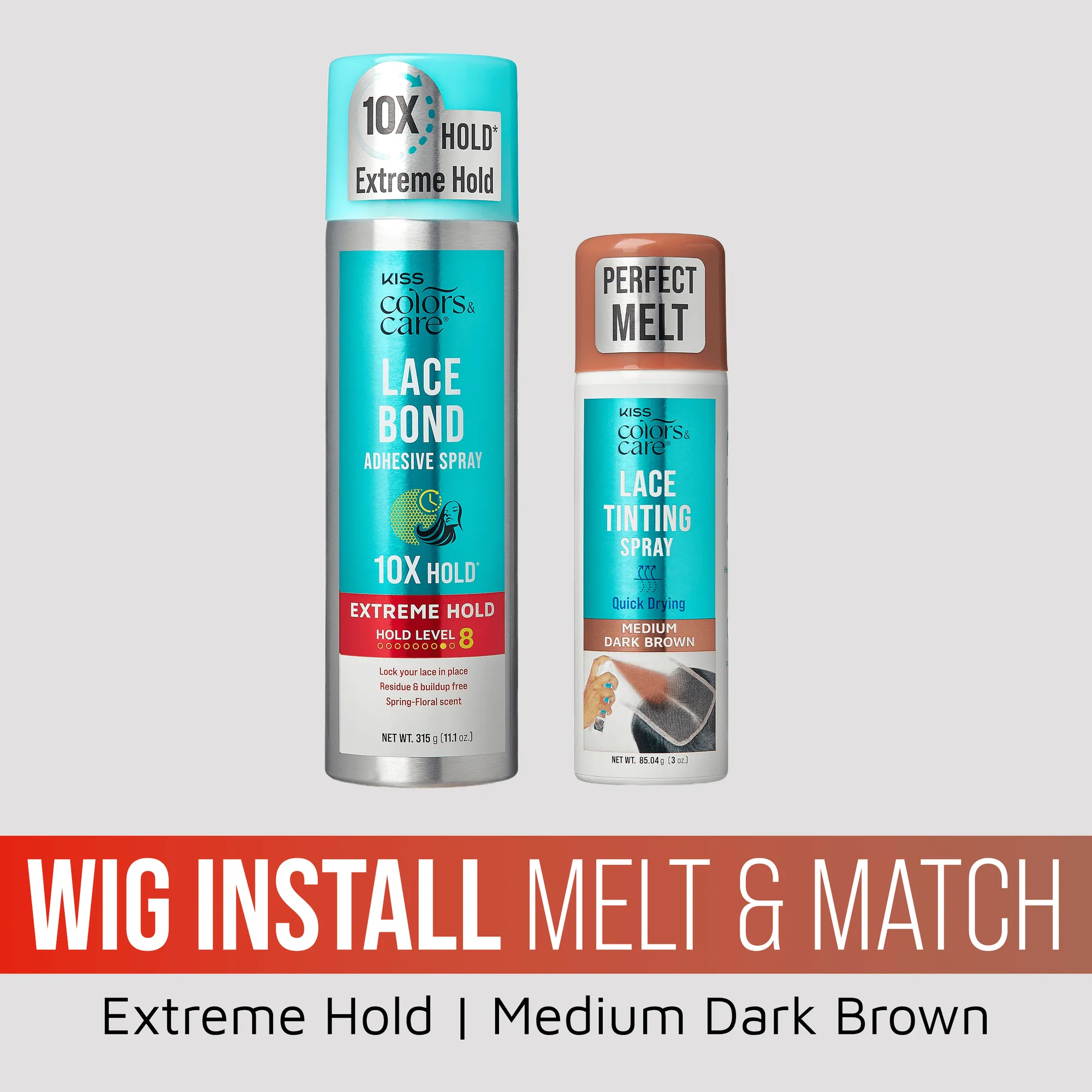 Kiss Colors & Care Wig Install Melt & Match Bundle - Extreme Hold Lace Bond Adhesive Spray & Medium Dark Brown Lace Tinting Spray