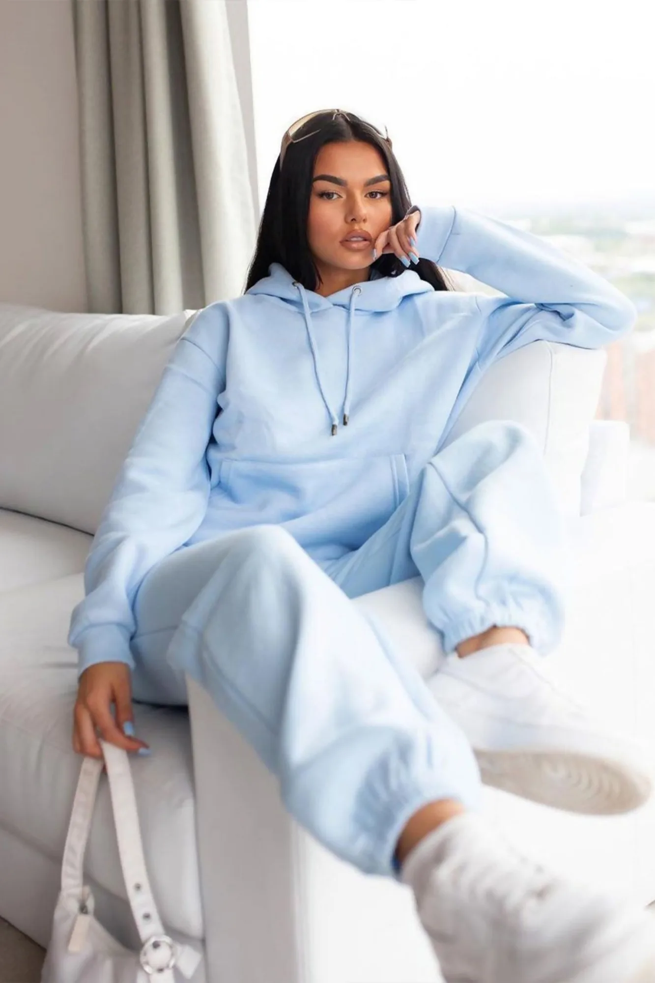 Sky Blue Oversized Front Pocket Long Sleeve Drawstring Fleece Hoodie - Alexia