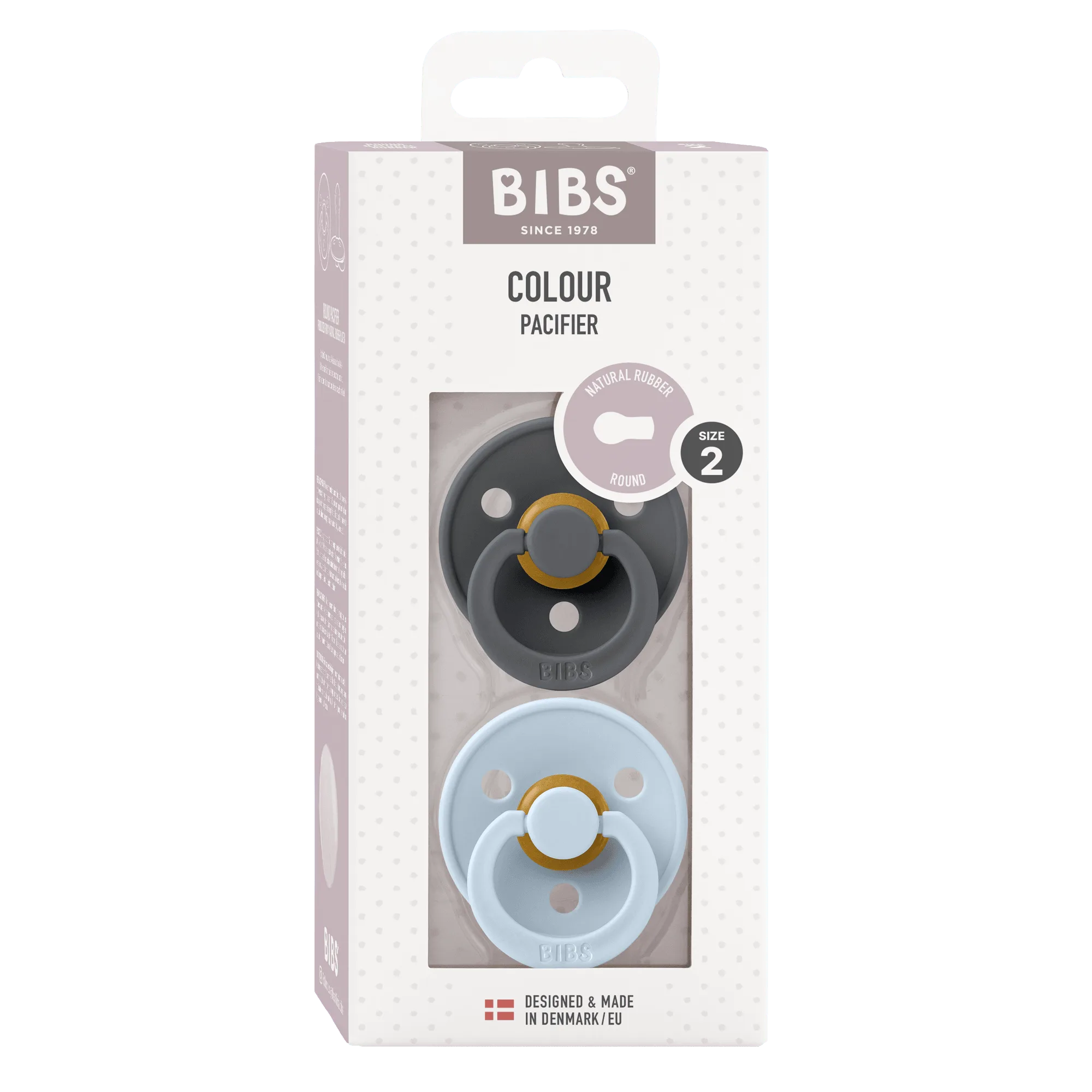 Sucettes BIBS Colour Rondes Latex Taille 2 – Fer & Bleu Bébé (Lot de 2)
