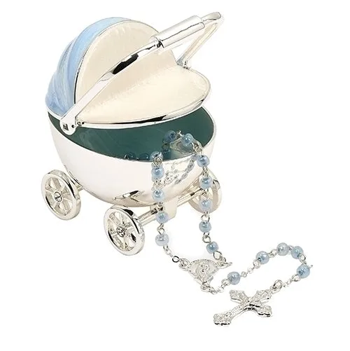 2.75"Blue Carriage Keepsake Box and Rosary for Baptism Boy and New Born Visits